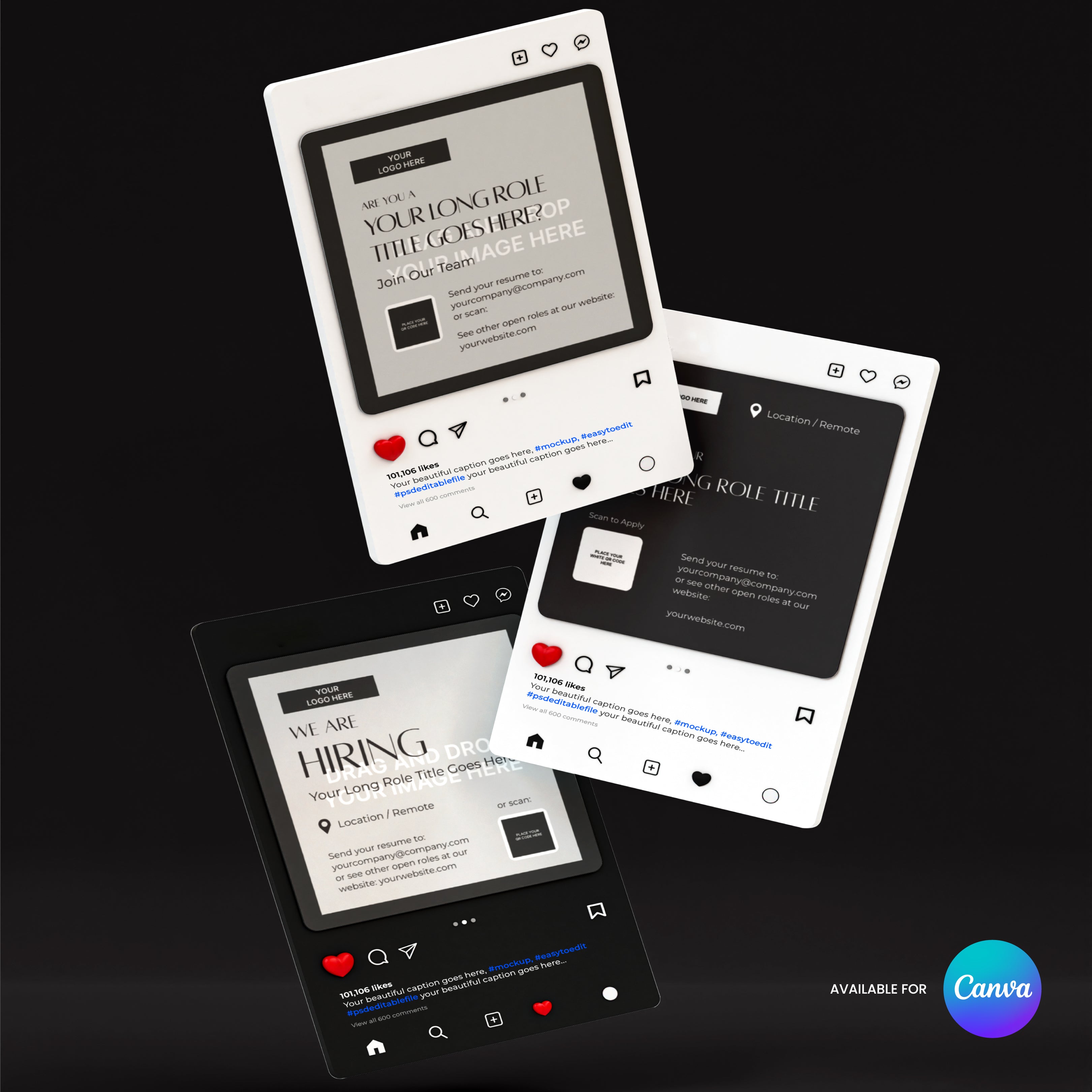 The Social Media Hiring Ad Templates for Canva - Forma 60 Collection features three digital templates in black, gray, and white on a black background. Each simulates a recruitment post with editable job role and contact fields. Canva logo shown.