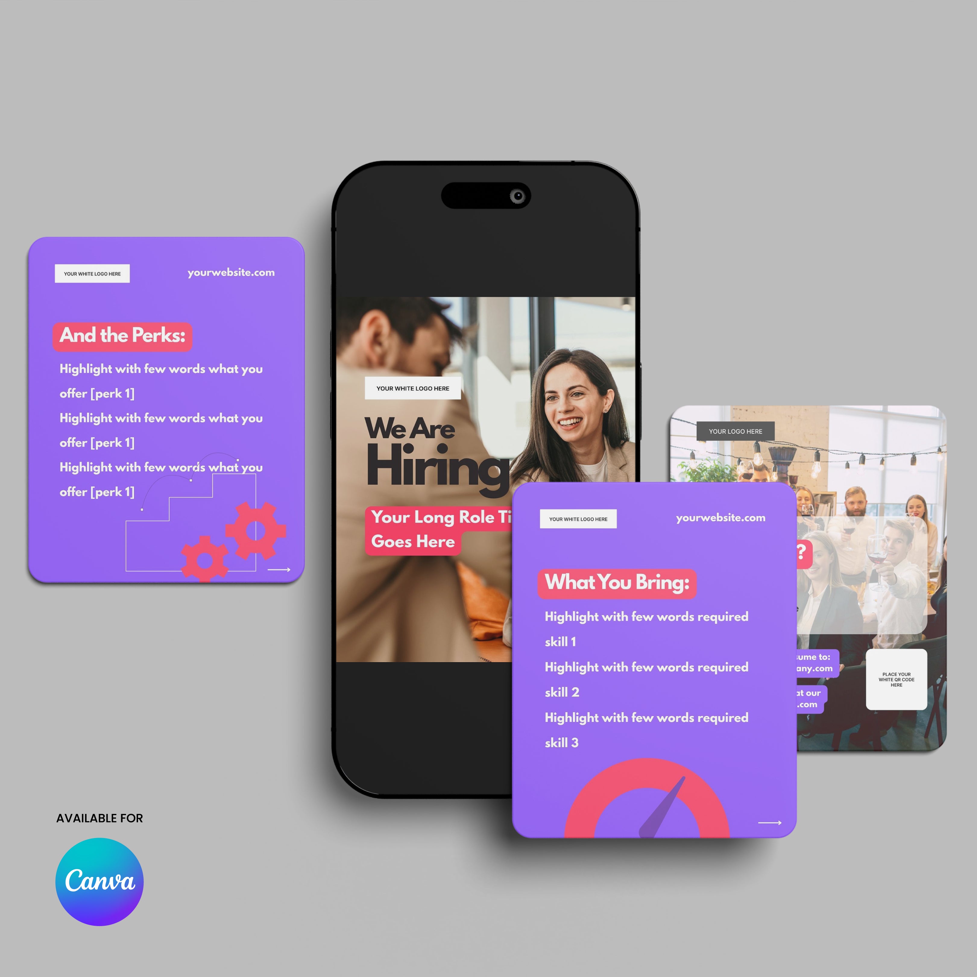 A flat lay display features the Social Media Hiring Carousel Templates for Canva – Forma 10 Collection: a smartphone with a hiring ad, three colorful cards for perks and skills, and the Canva logo on a gray background, highlighting this modern template set.