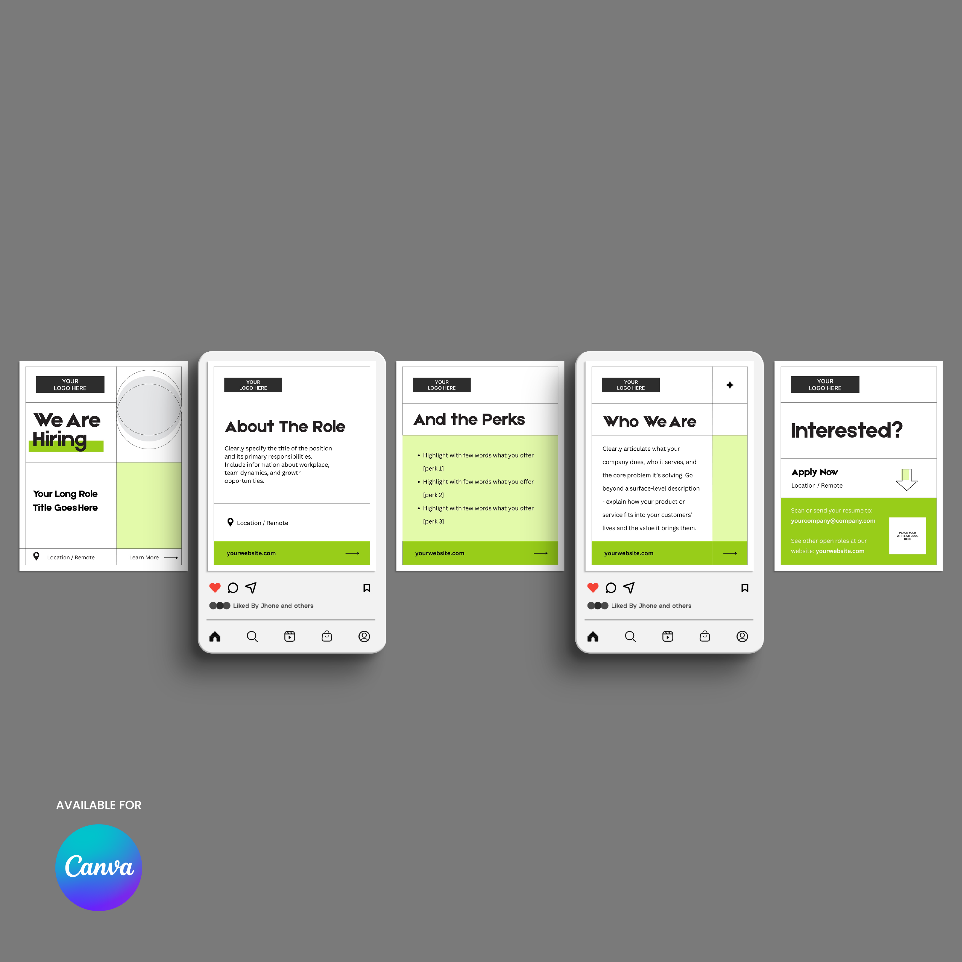 The Hiring Social Media Carousel Template for Canva - Forma 40 Collection features five digital card mockups in white and green on a gray background, covering hiring details, perks, and more, with a Canva logo in the bottom left corner.