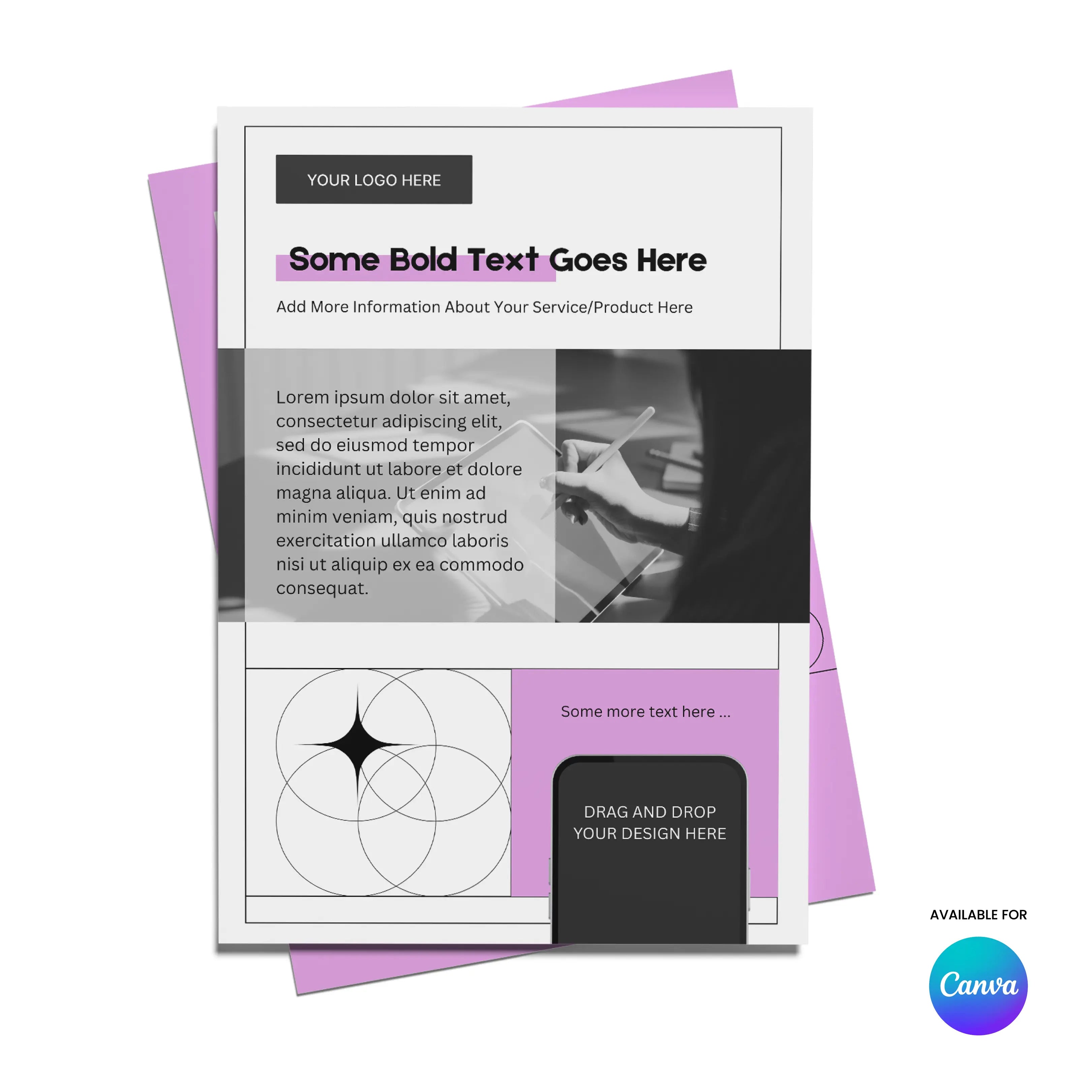 The Flyer Template for Canva - Forma 20 Collection is a modern, editable print and digital flyer featuring black, white, and lavender colors, placeholders for logo, headline, text, image, and a Canva logo in the bottom right corner.