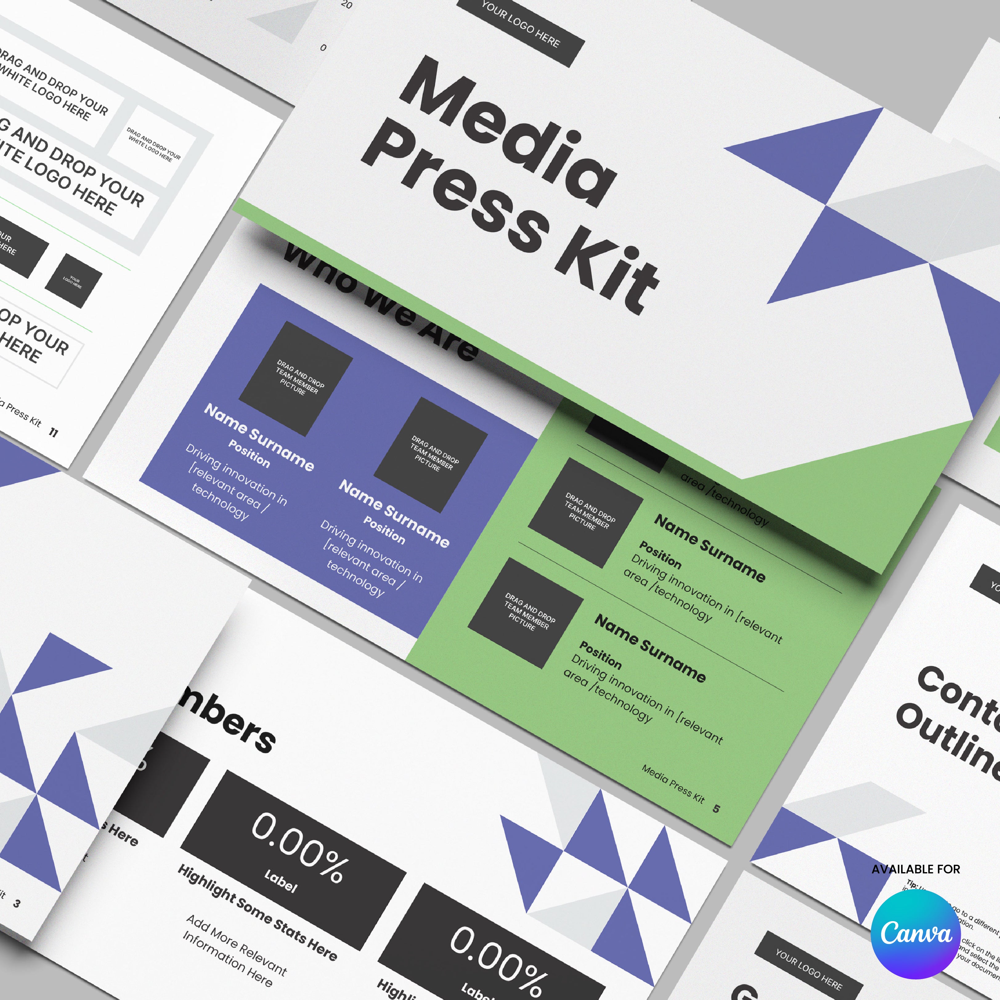 A flat lay of the Media Press Kit Template for Canva – Forma 40 Collection, showcasing geometric designs in white, green, and purple with placeholders for logos, team names, stats, and company details. Canva logo appears in the corner.