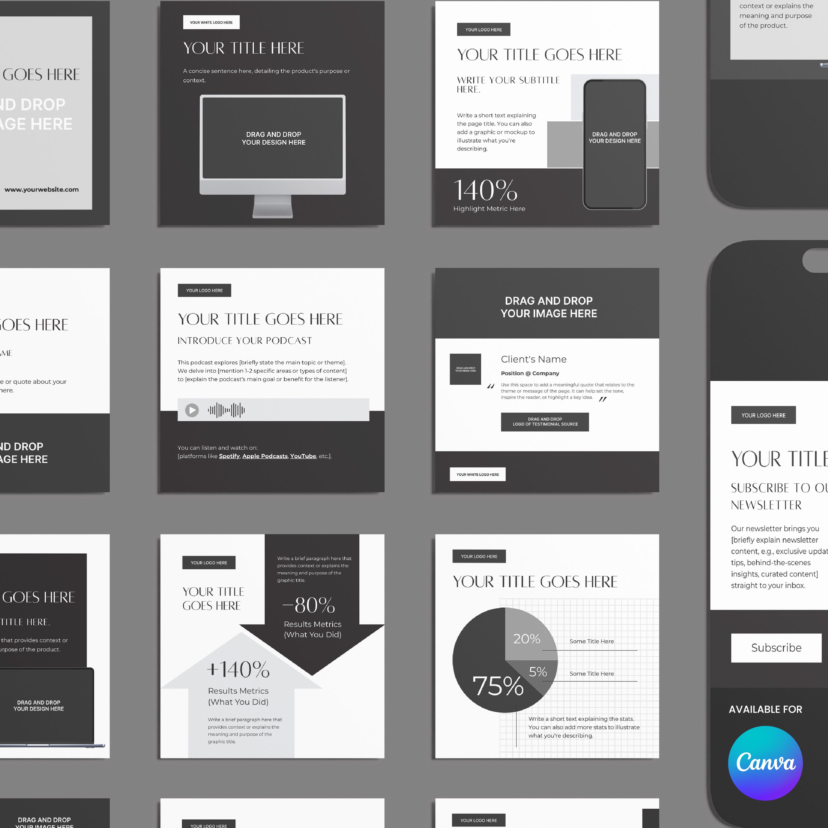 The Forma 60 Collection: a grid of monochrome social media post templates for Canva with placeholders for titles, text, images, stats, the Canva logo bottom right, plus mobile device mockups and pie charts.
