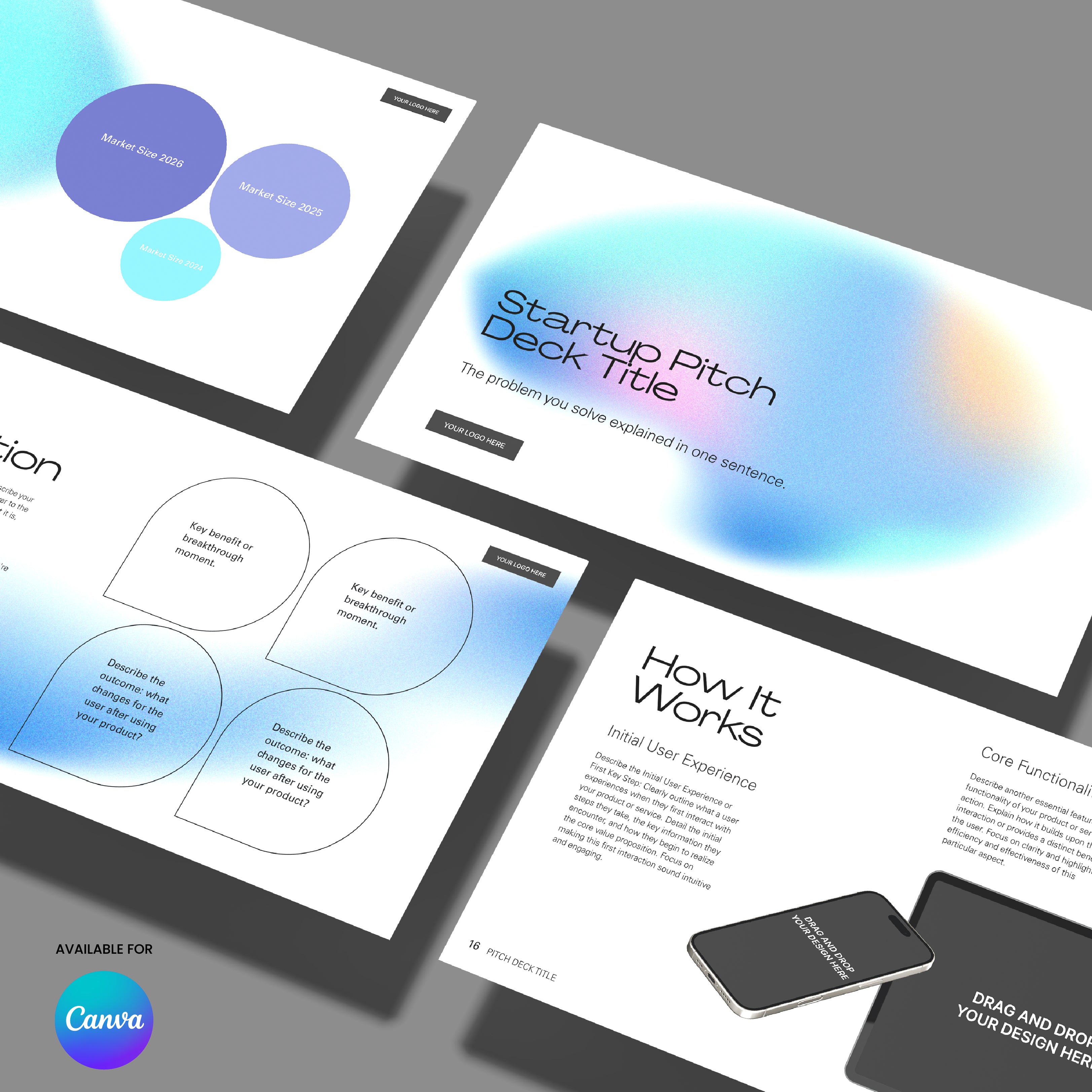 The Canva Pitch Deck Template – Forma 50 Aurora Minimal Design showcases modern blue and white slides with charts, text, and a phone mockup, arranged on a flat surface. "Available for Canva" highlights this versatile pitch deck template.