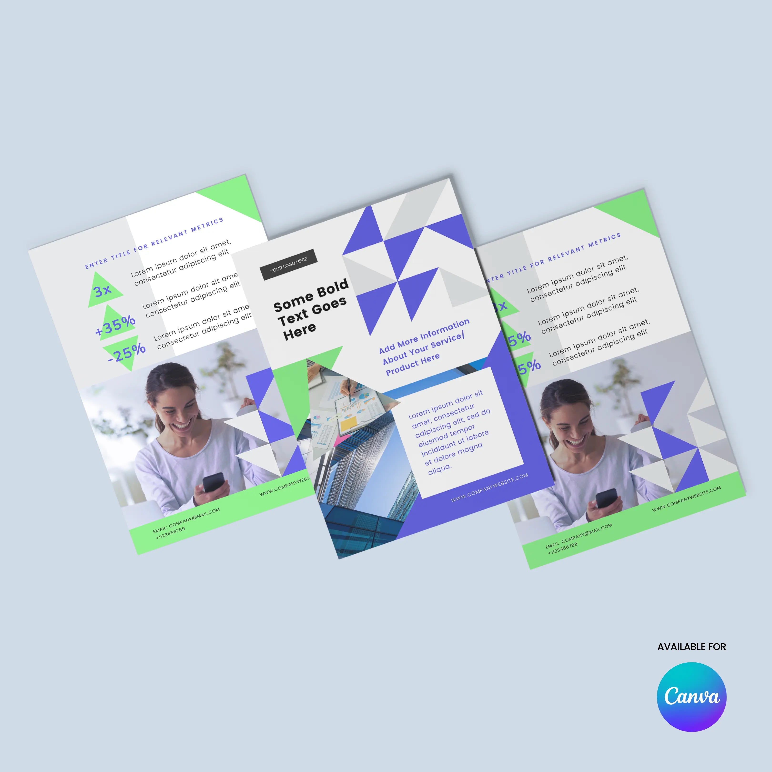 Editable Flyer Template for Canva from the Forma 40 Collection features geometric blue and green designs, business-focused layouts, and mockups with a smiling woman and swimming pool. Includes a Canva flyer template logo on a light blue background.