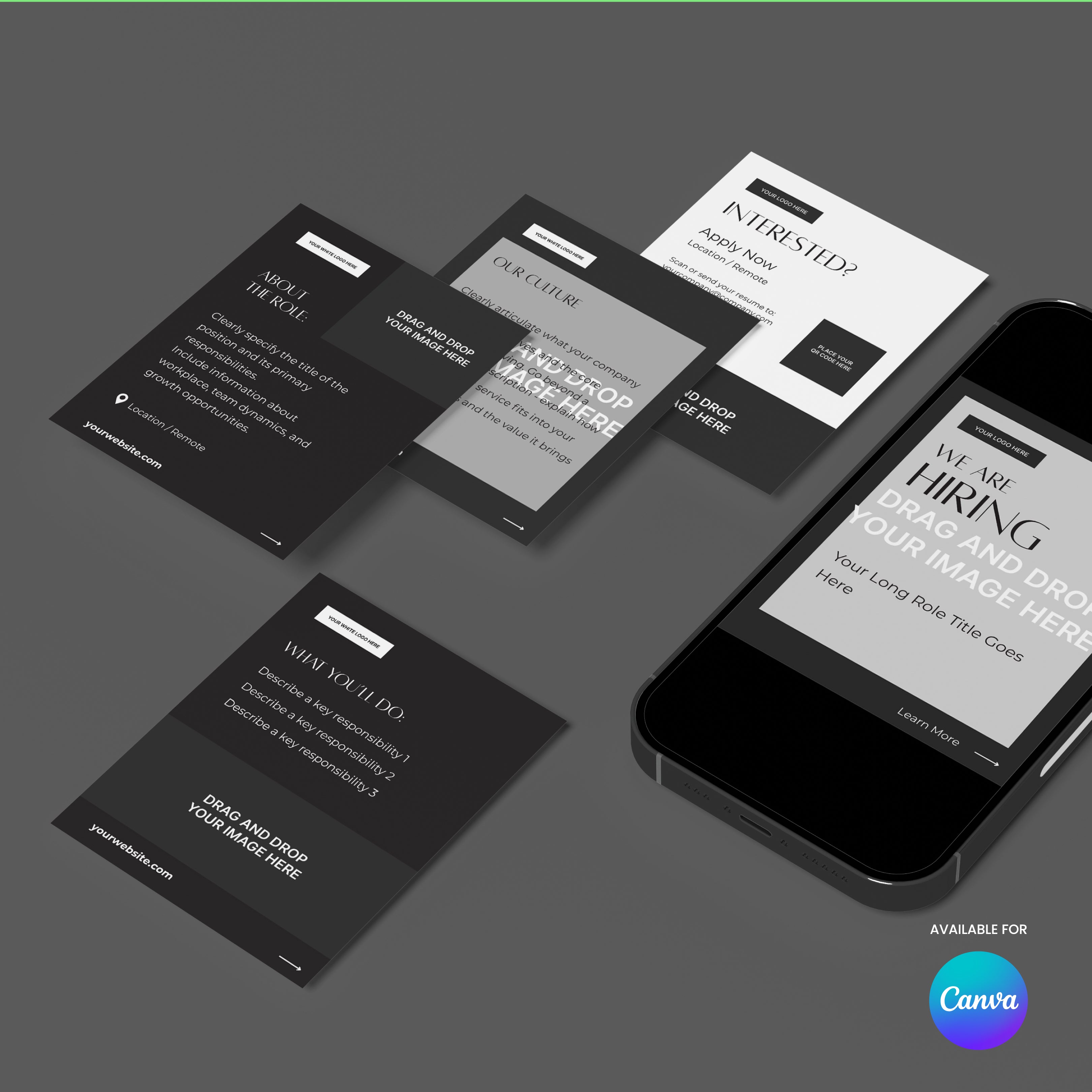 A digital mockup showcases black and white business cards with hiring and company culture layouts beside a smartphone. The Canva logo highlights the "Social Media Hiring Carousel Templates for Canva - Forma 60 Collection.
