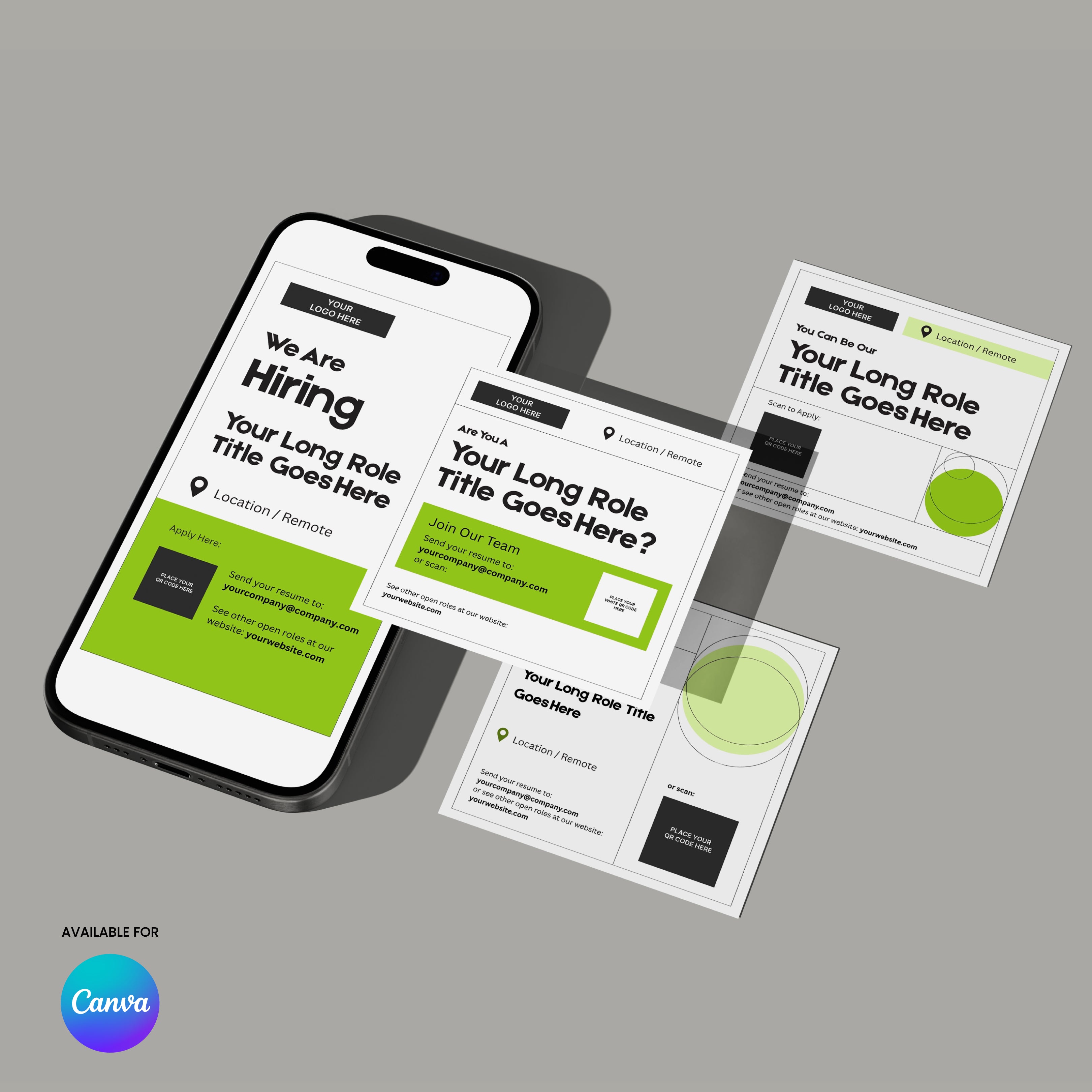 A smartphone displays a recruitment graphic beside three matching Forma 20 Collection Green Edition Social Media Hiring Ad Templates for Canva, featuring black, white, and green designs with text sections and a location pin icon.