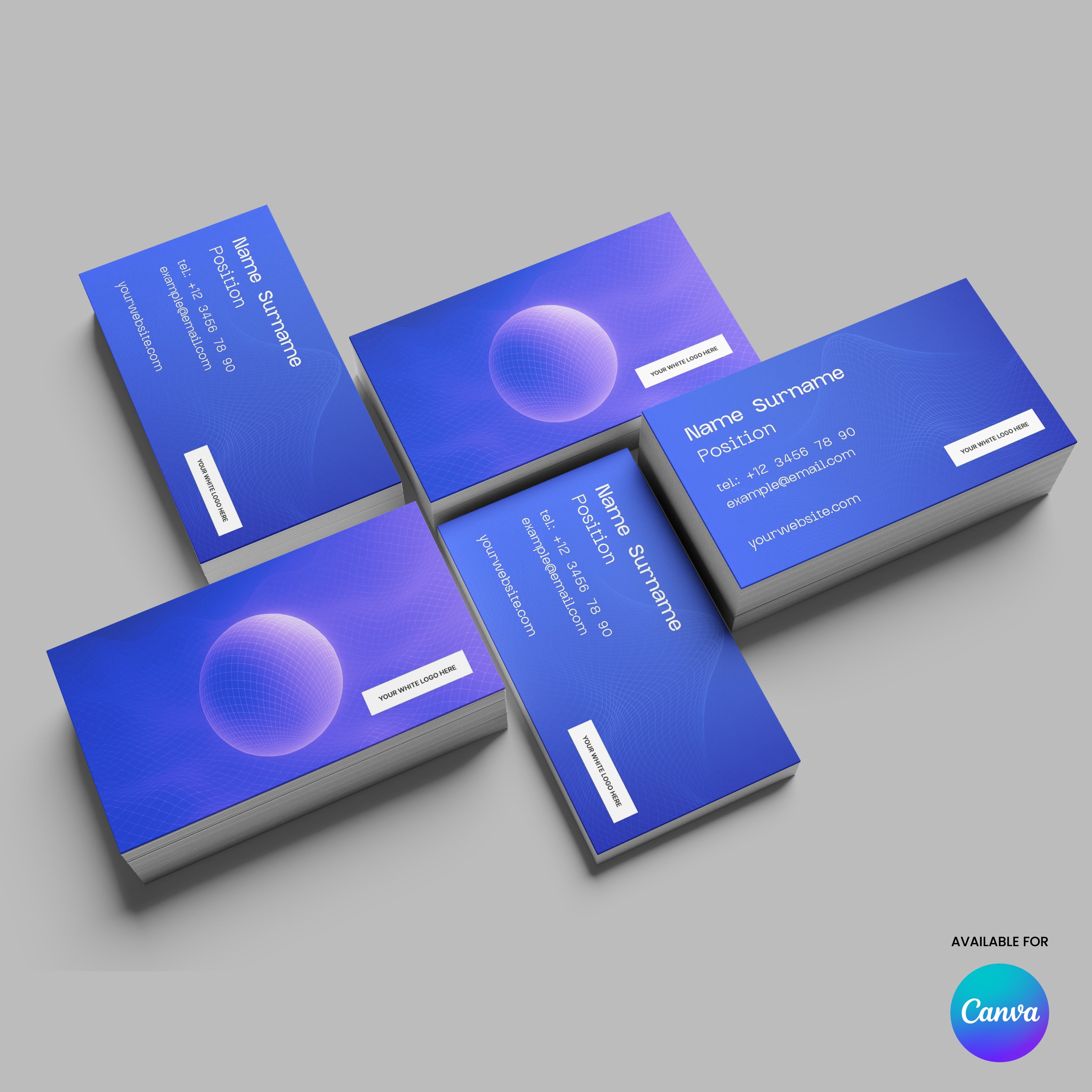 Showcase your details with the Bold Grid Business Card Template for Canva Forma 30 Collection—an editable, modern layout with blue gradient cards, white text, sphere graphic, and placeholders for name, contact info, website. Printable digital use.