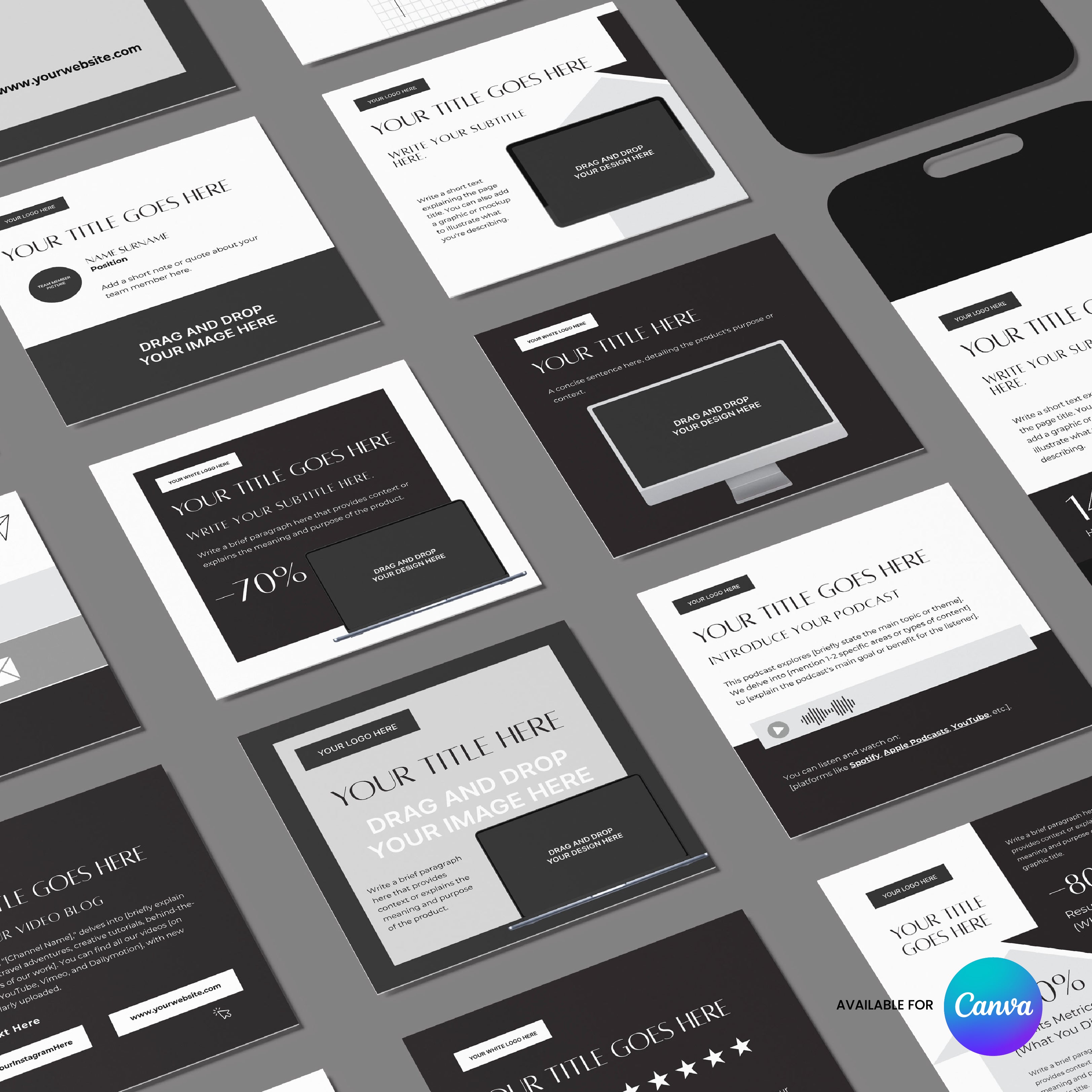 A flat lay of black, white, and gray Social Media Post Templates for Canva – Forma 60 Collection, displaying headings, text boxes, icons, and image placeholders. Each template features the Canva logo in the bottom right corner.