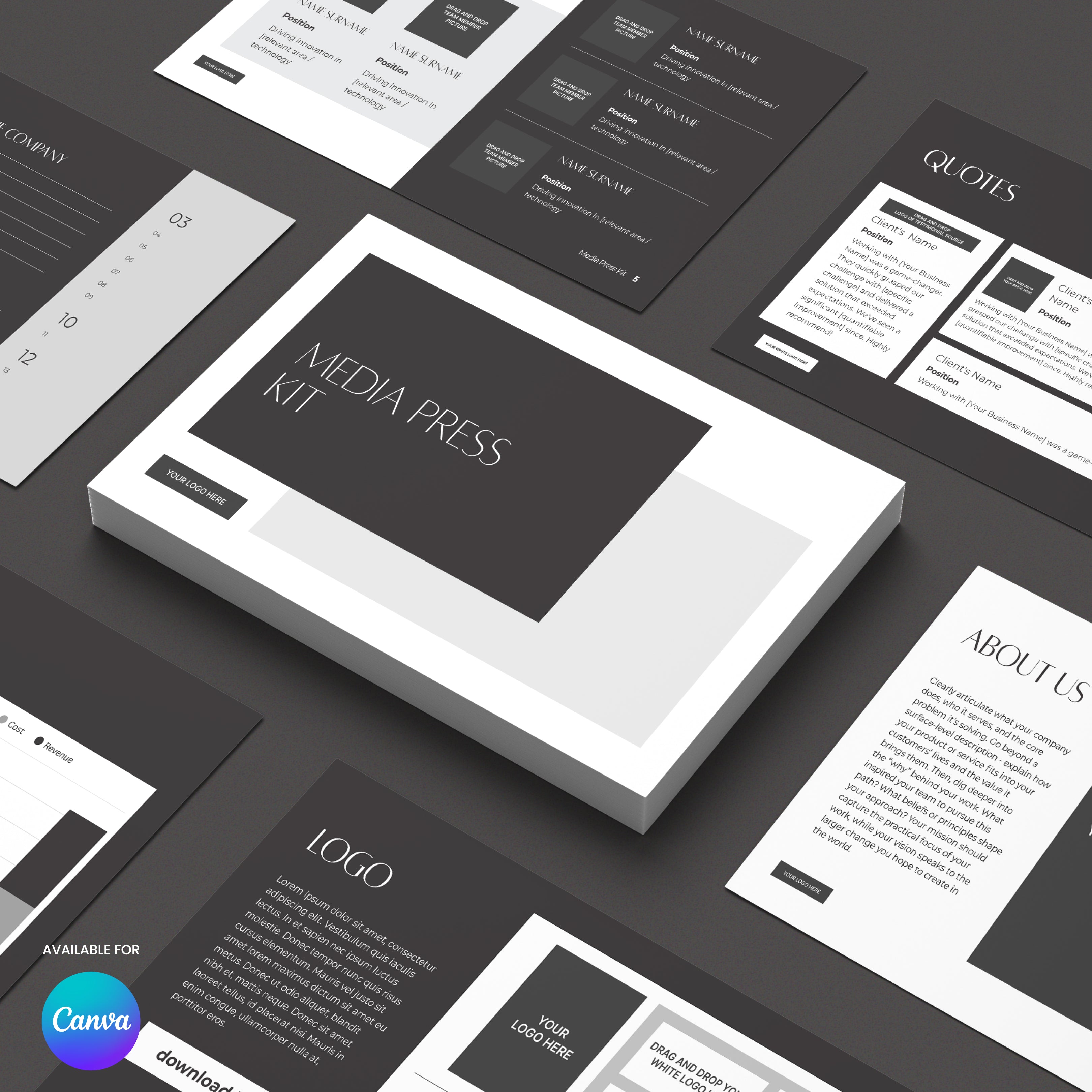 The Media Press Kit Template for Canva – Forma 60 Collection features editable black and white papers, perfect for organizing and presenting your media materials.