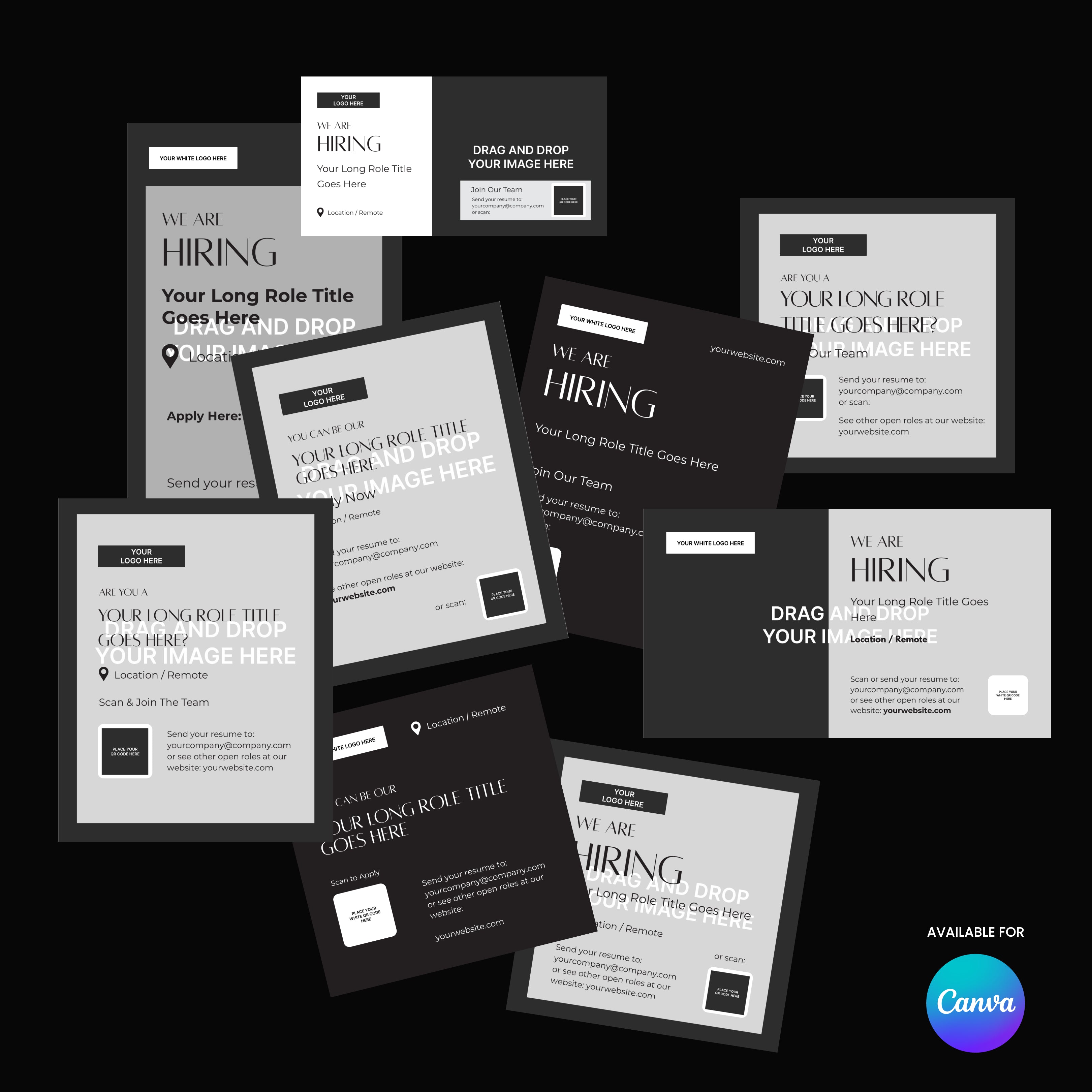 The Forma 60 Collection offers black, white, and gray "We Are Hiring" social media ad templates with diverse layouts for job titles, details, and images. Bottom right corner features “Available for Canva” and the Canva logo.