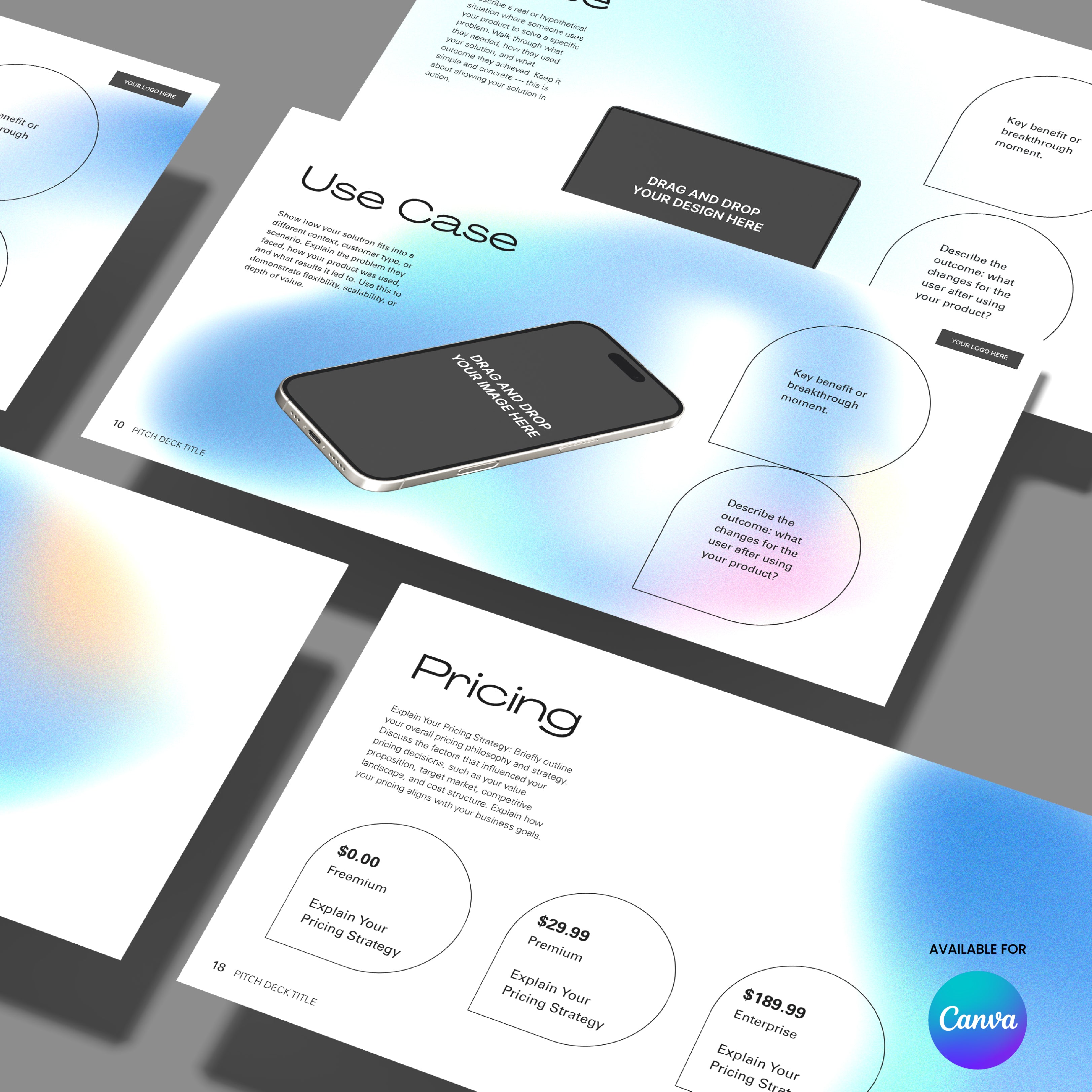 The Canva Pitch Deck Template – Forma 50 Aurora Minimal Design features digital slides with abstract blue and orange gradients, ideal for startup investor pitches, including Use Case, Pricing sections, phone mockup, pricing options, and a Canva logo.