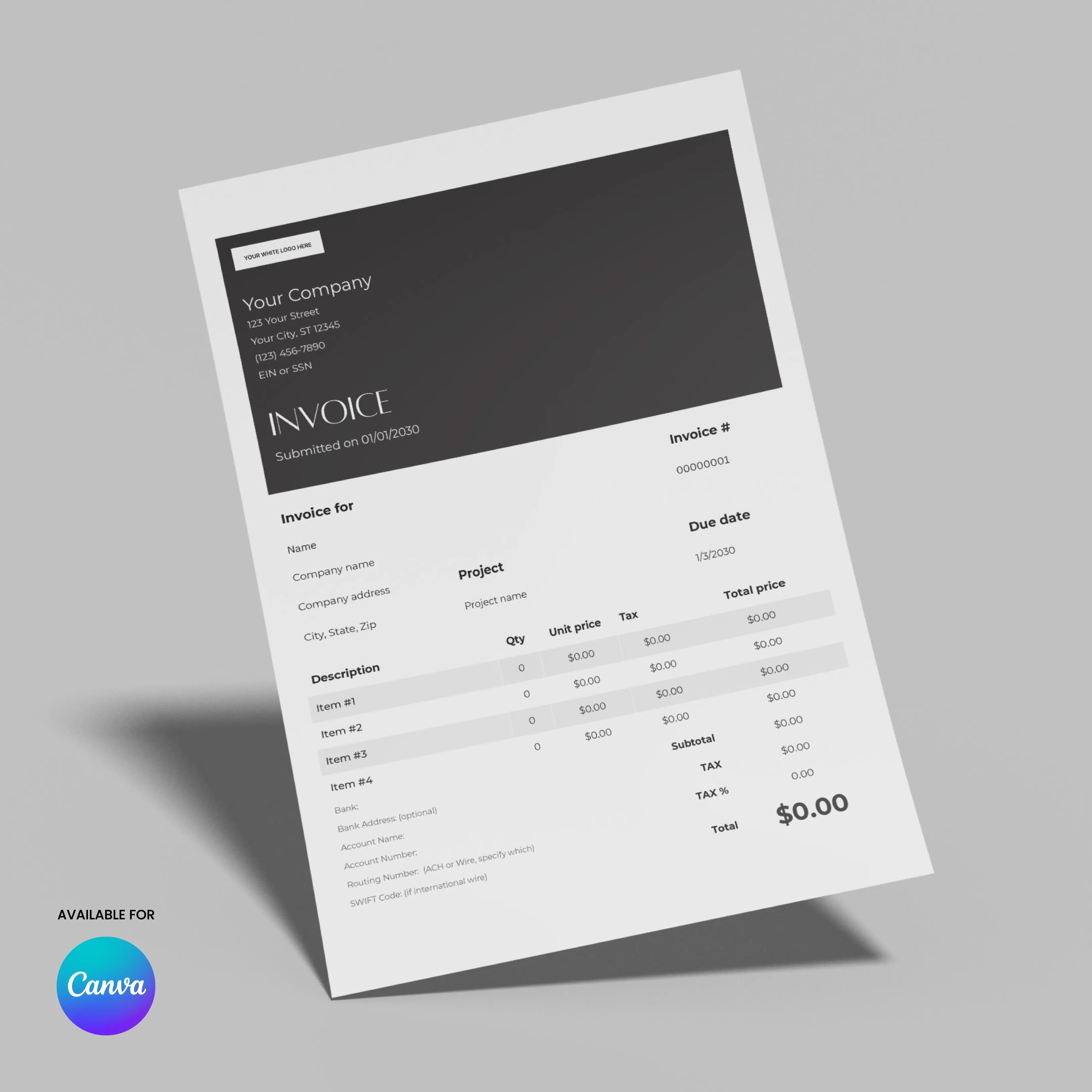 The Invoice Canva Template - Forma 60 Collection US EU Formats is displayed on a gray background, with sections for company details, client info, itemized charges, and totals, plus a Canva logo in the lower left corner.