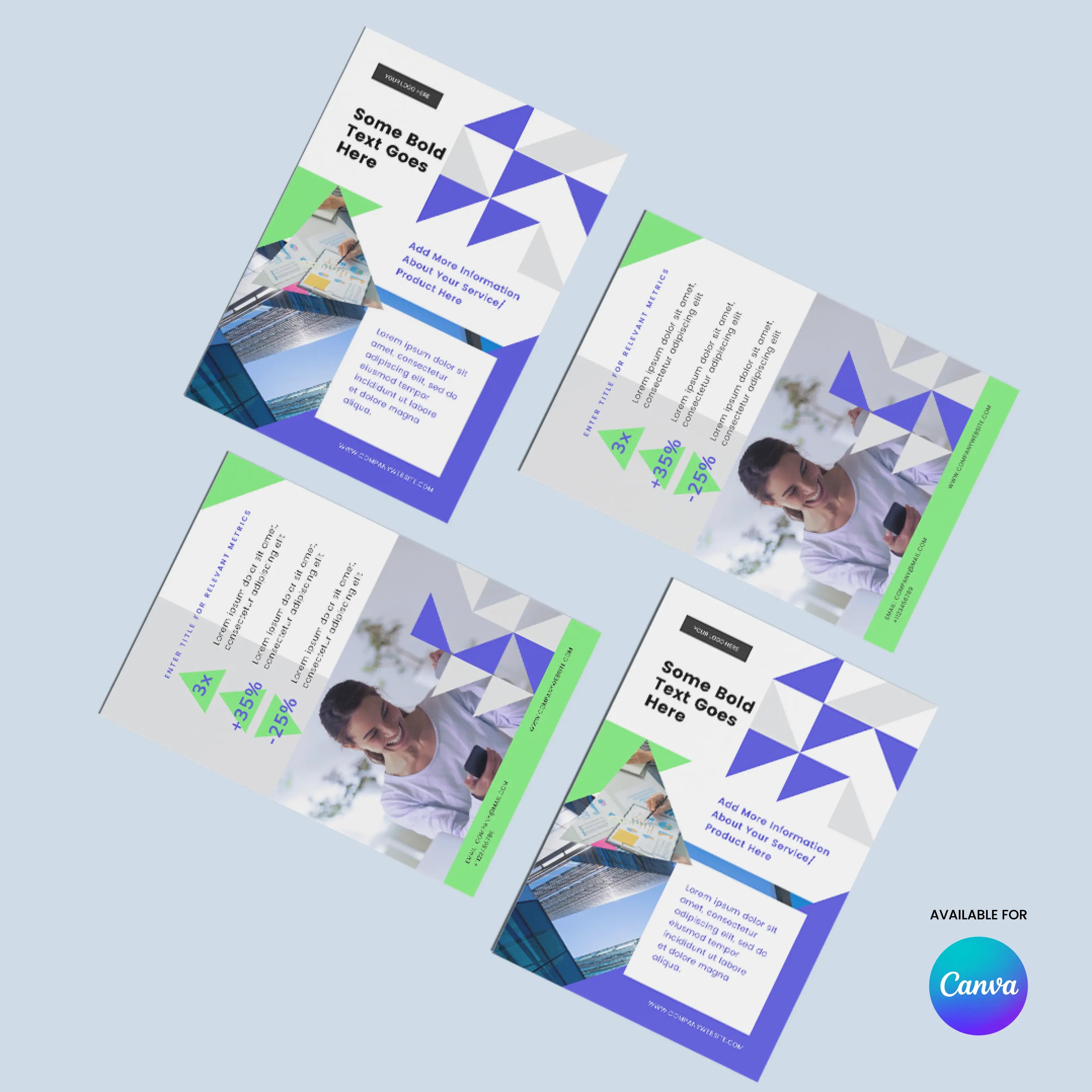 Four Forma 40 Canva flyer templates with geometric blue, green, and purple designs are arranged diagonally on a light blue background. Each editable B2B marketing template features a man on a phone, text placeholders, and the Canva logo in the corner.