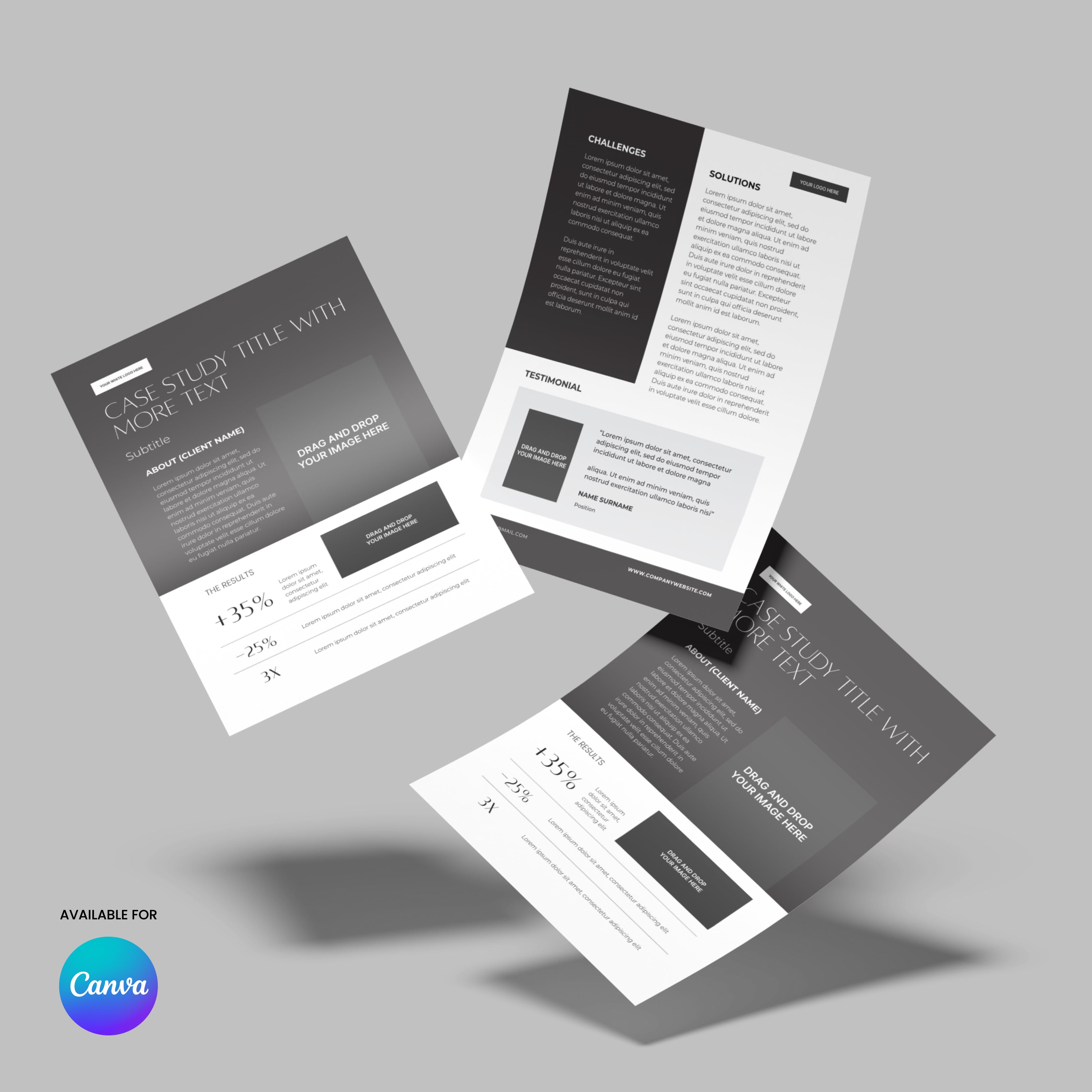 Three black and white one-page case study templates from the Case Study Template for Canva – Forma 60 Collection float above a gray background, with the Canva logo and "Available for Canva" in the bottom left corner.
