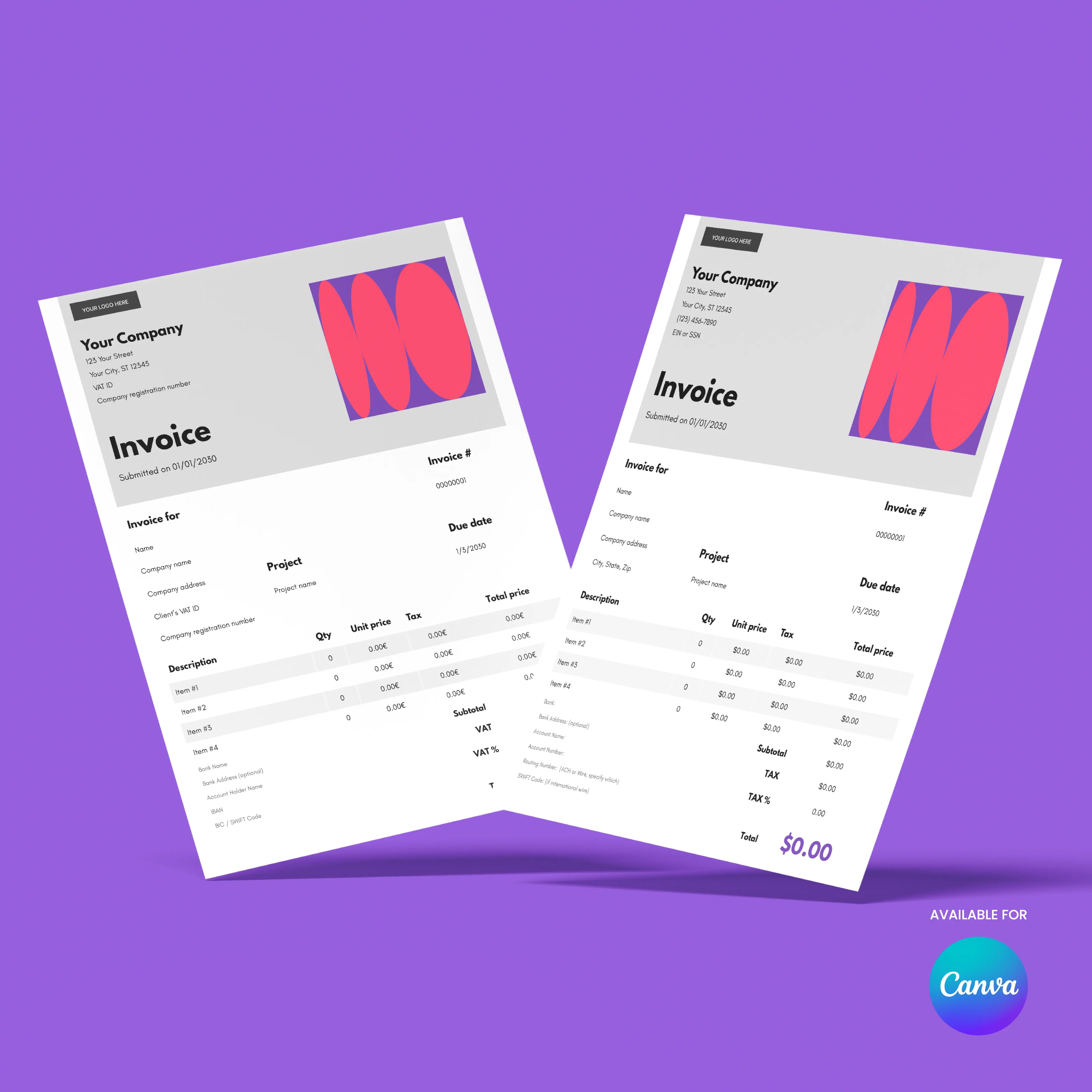 Displayed on a purple background, the Bold Invoice Template (EU & US Versions) | Editable Canva Format, Forma 10 features red and blue abstract headers. Perfect for modern businesses, it includes billing details, totals, company info, and a Canva logo.