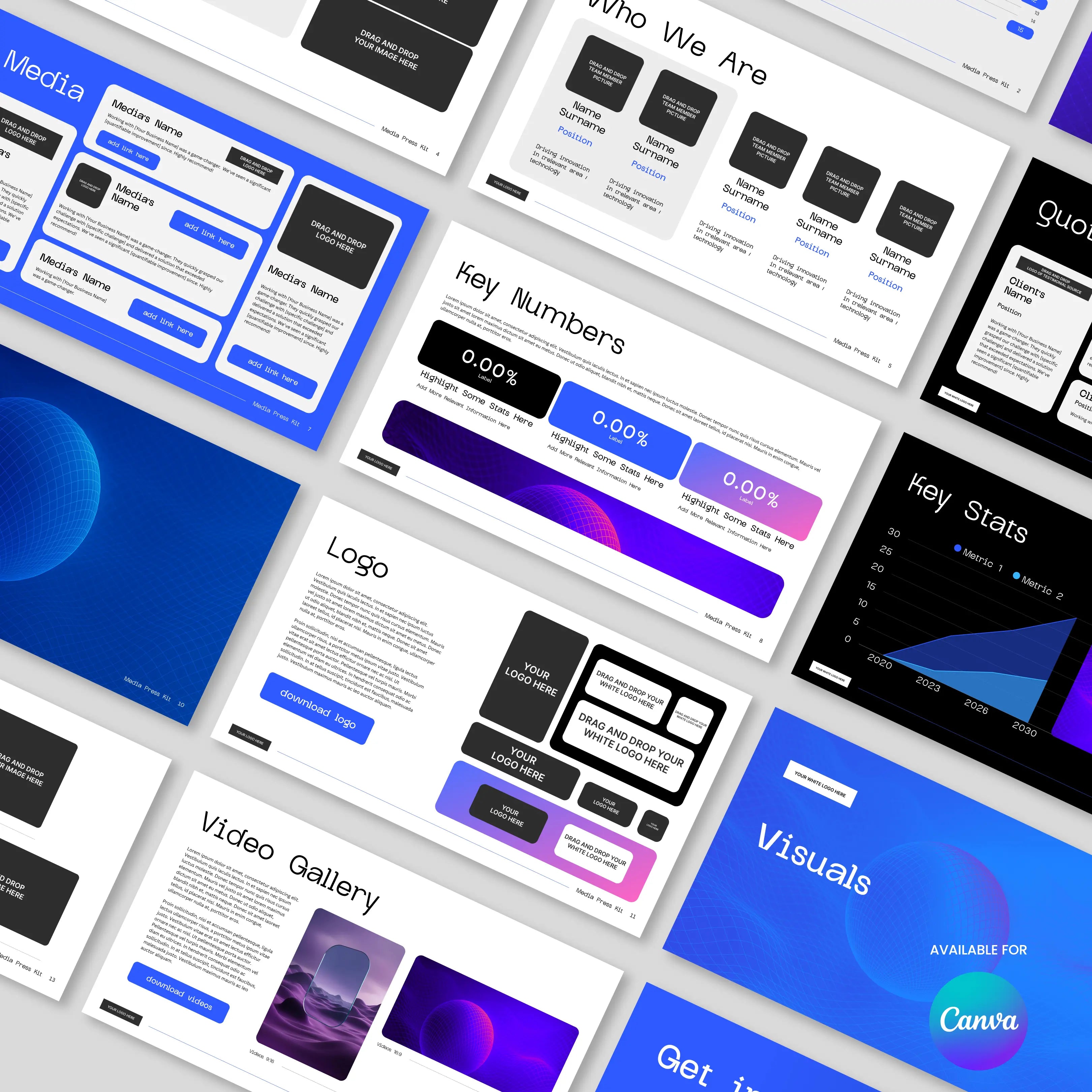 The Media Press Kit Template for Canva - Forma 30 Collection features editable digital slides with blue, purple, and white accents, including sample text, charts, and headers like “Key Numbers,”—all with visible Canva branding.