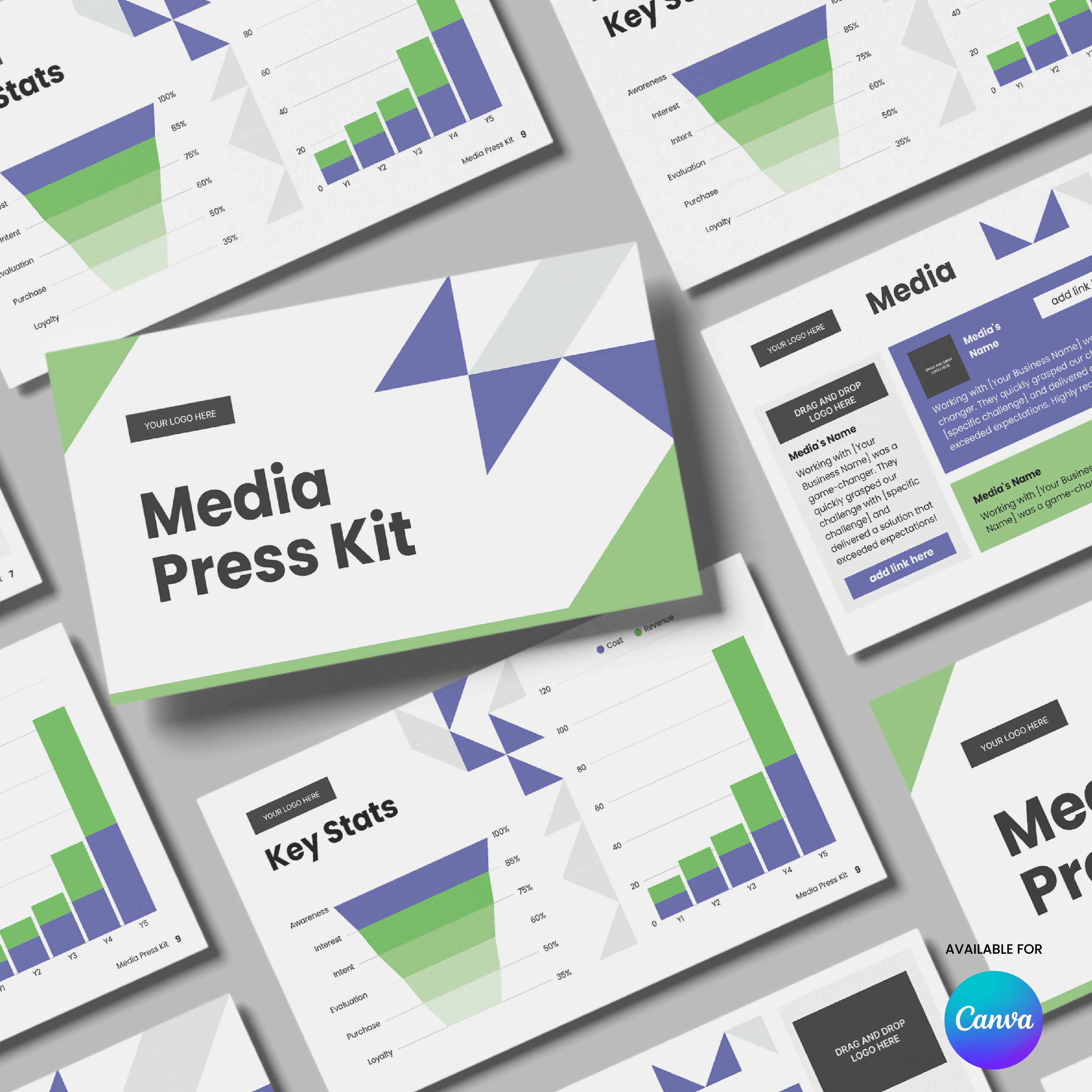 A flat lay of digital slides from the Media Press Kit Template for Canva - Forma 40 Collection, displaying charts, stats, and text in white, blue, green, and purple tones. The Canva logo appears in the lower right corner.