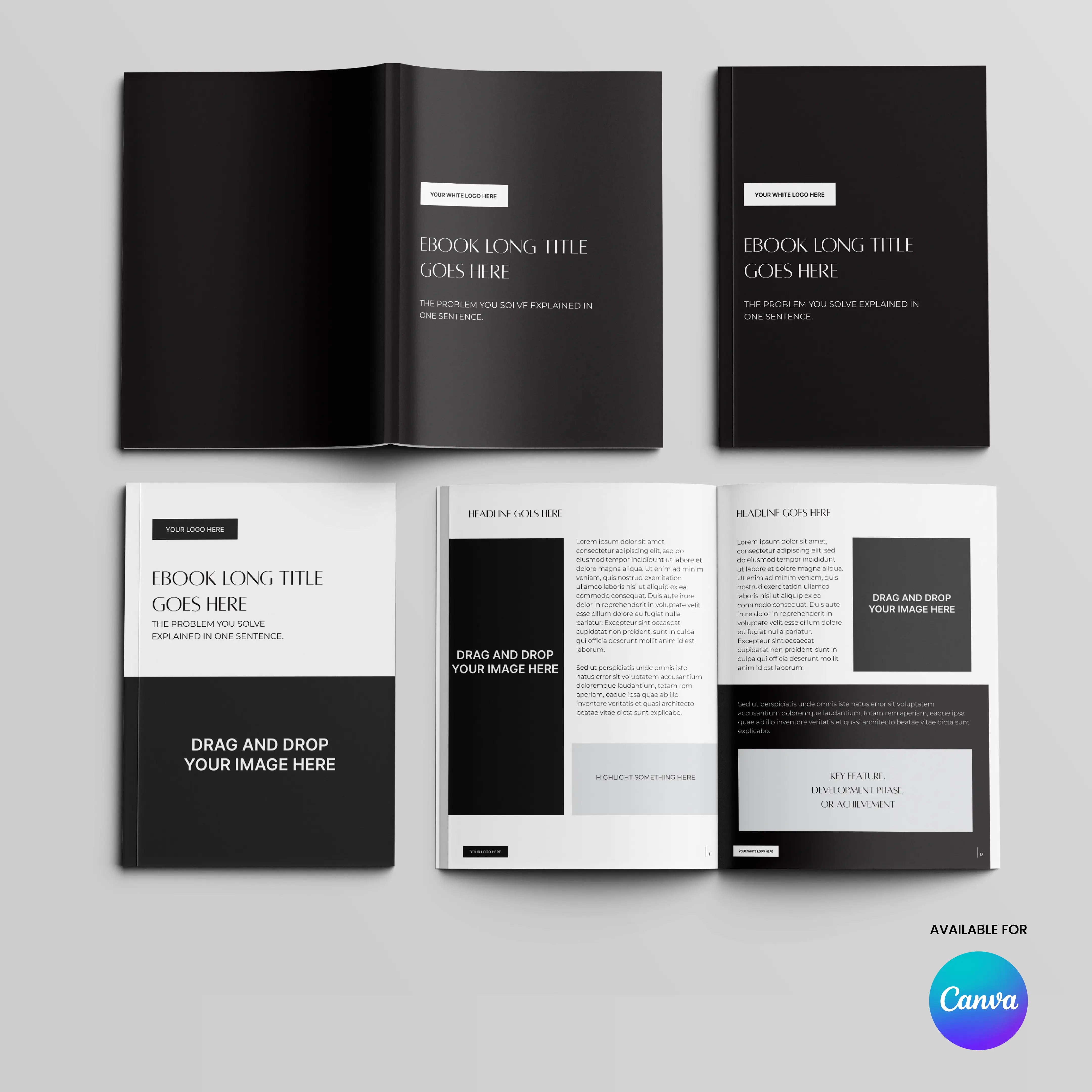 A flat lay displays six pages from the eBook Template for Canva – Monochrome Edition | Forma 60 Collection, showcasing black, white, and gray minimalist designs with placeholders. The Canva logo appears in the bottom right corner.