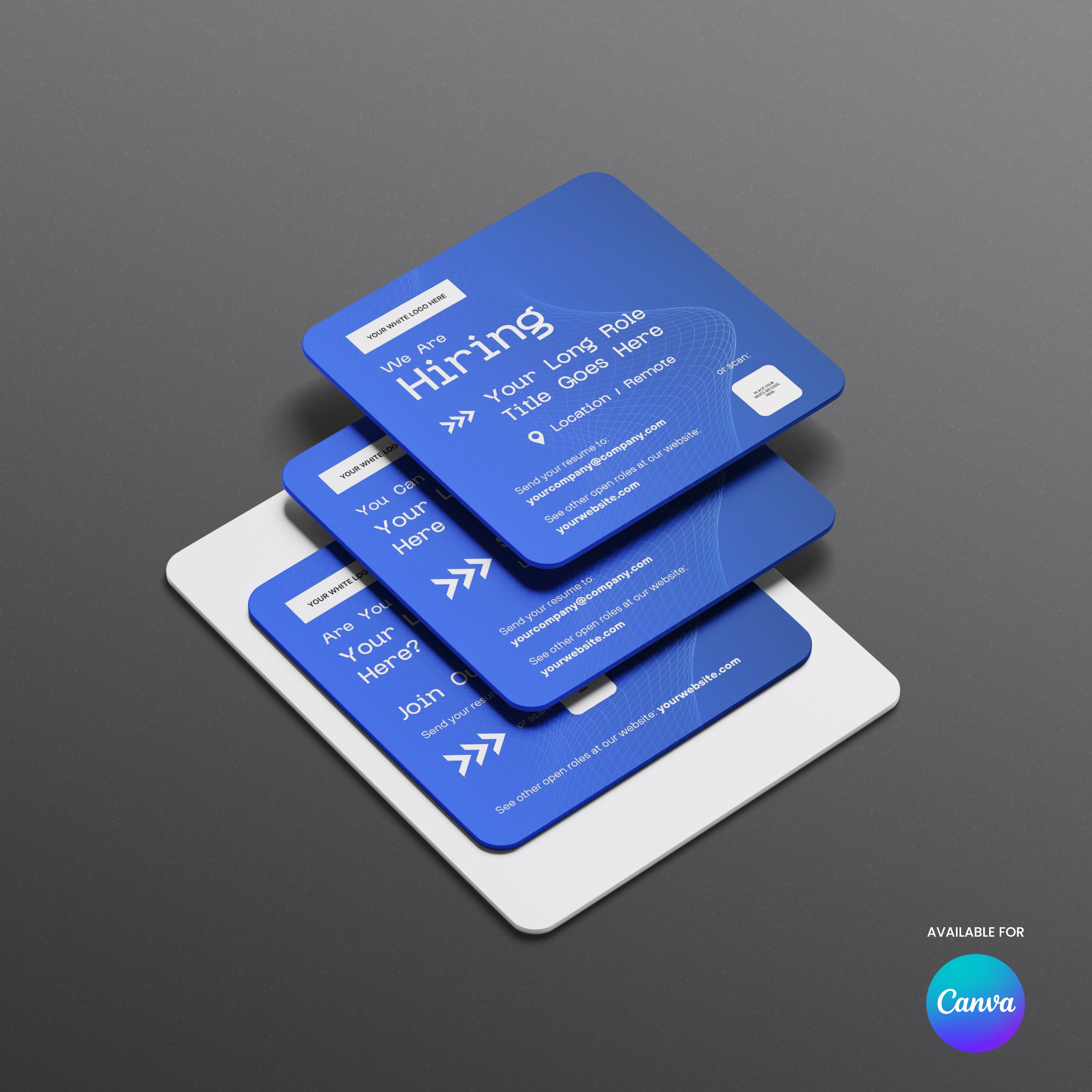 Four stacked square cards from the Social Media Hiring Ad Templates for Canva – Forma 30 Collection showcase job announcements with blue and white backgrounds, highlighting roles, location, and a call to join, plus the Canva logo in the bottom right.