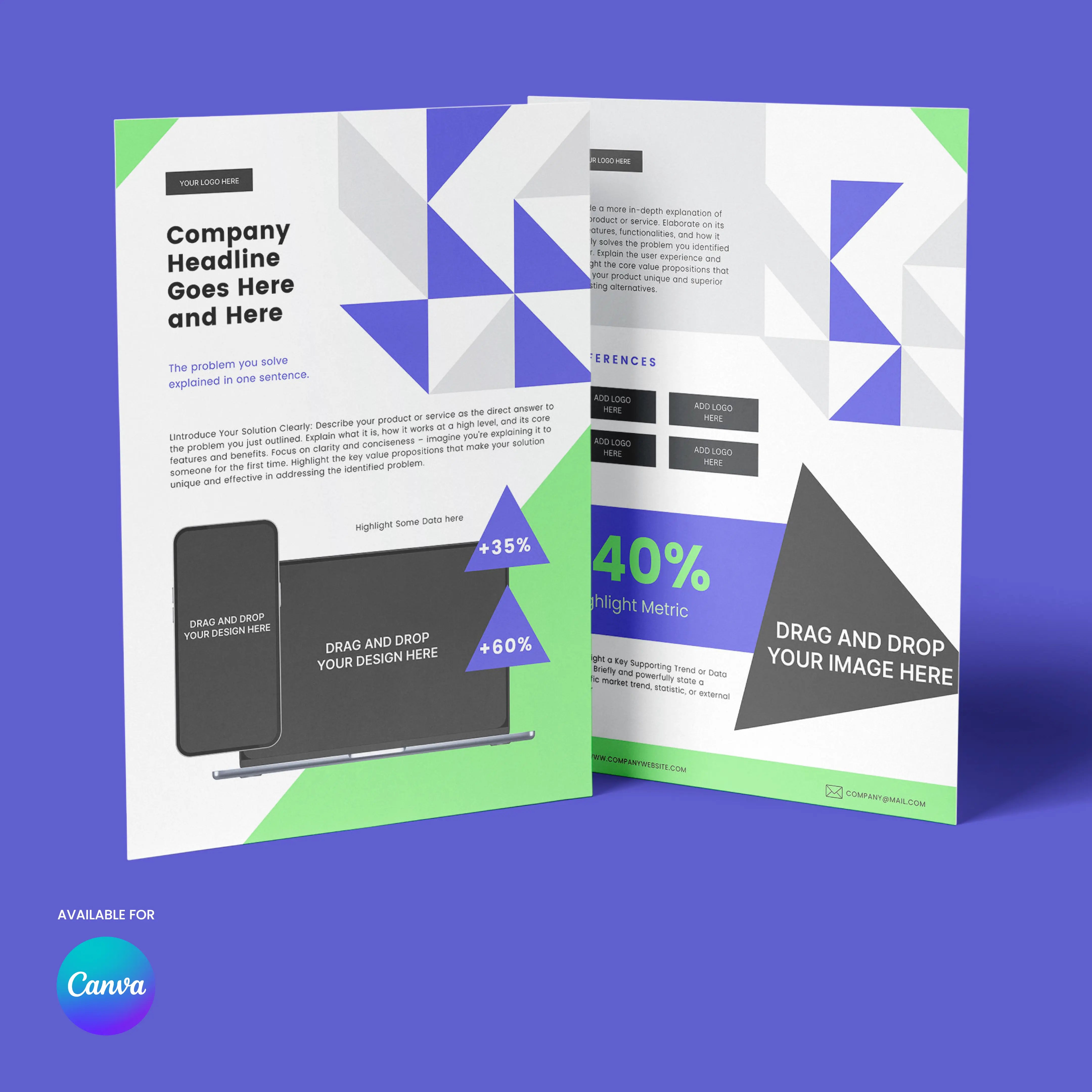 The One-Pager Template for Canva (Forma 40 Collection) is a double-sided, editable company overview featuring geometric shapes, headline, statistics, image sections, and a purple/green/black/white/gray palette—ideal for startups and SaaS business profiles.