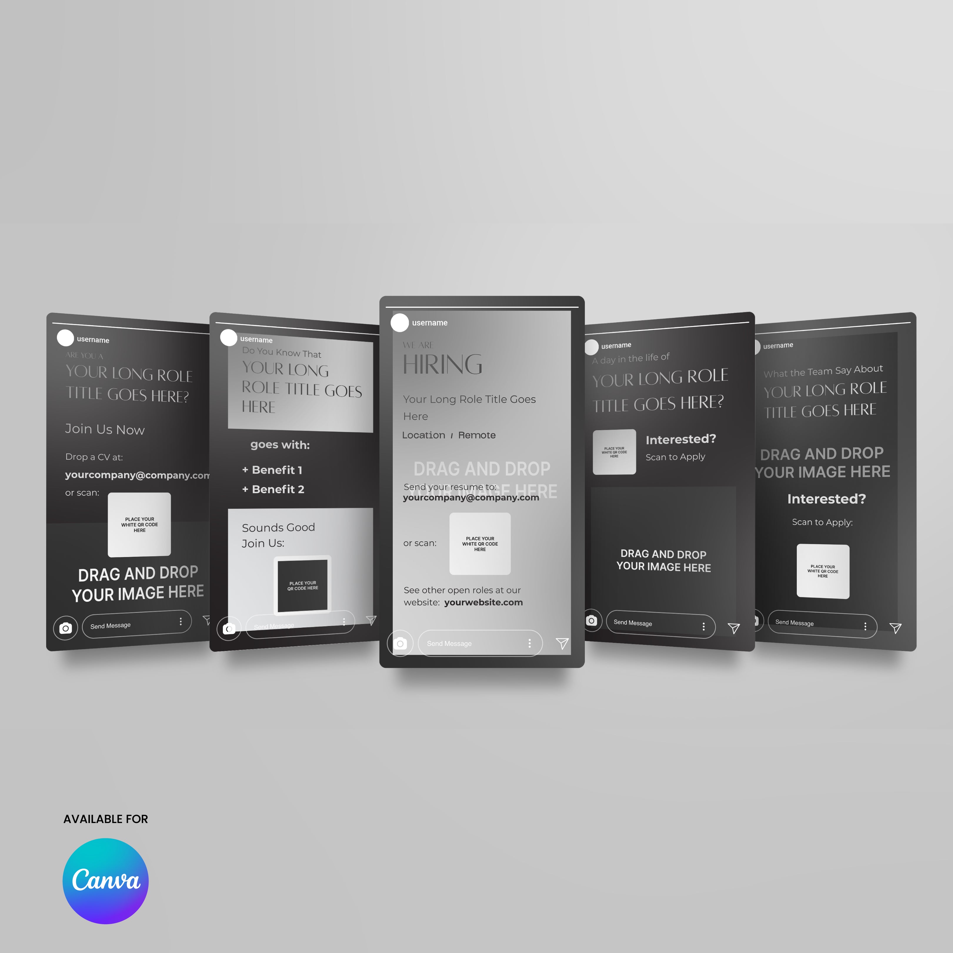 The Social Media Hiring Story Templates for Canva – Forma 60 Collection features five monochrome templates with text and image placeholders, shown at an angle with a Canva logo and "Available for Canva" text—ideal for stylish recruitment ads.