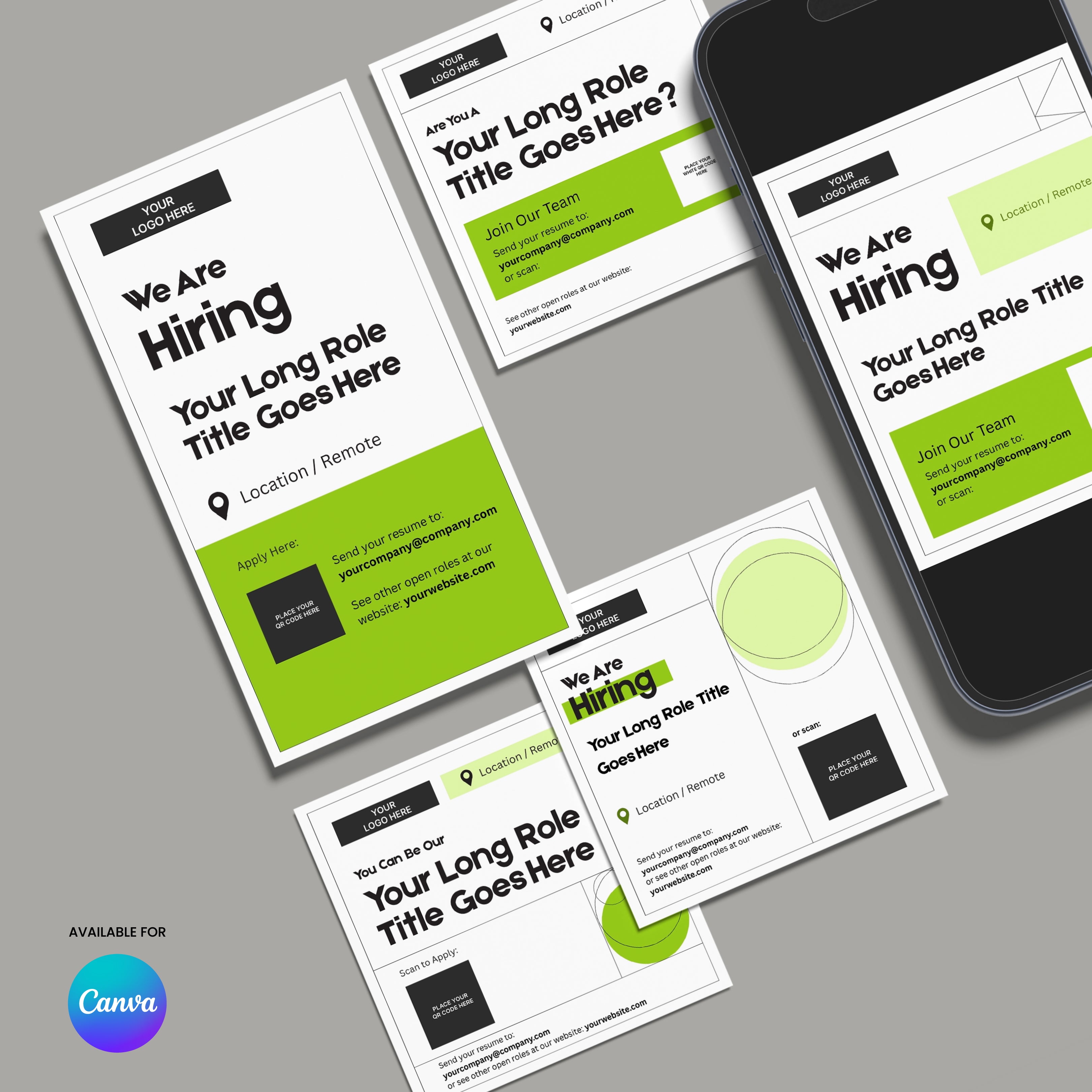 The Social Media Hiring Ad Templates for Canva – Forma 20 Collection Green Edition are shown beside a smartphone displaying a matching template, featuring green, black, and white designs with text fields and geometric shapes for recruitment. Canva logo is visible.