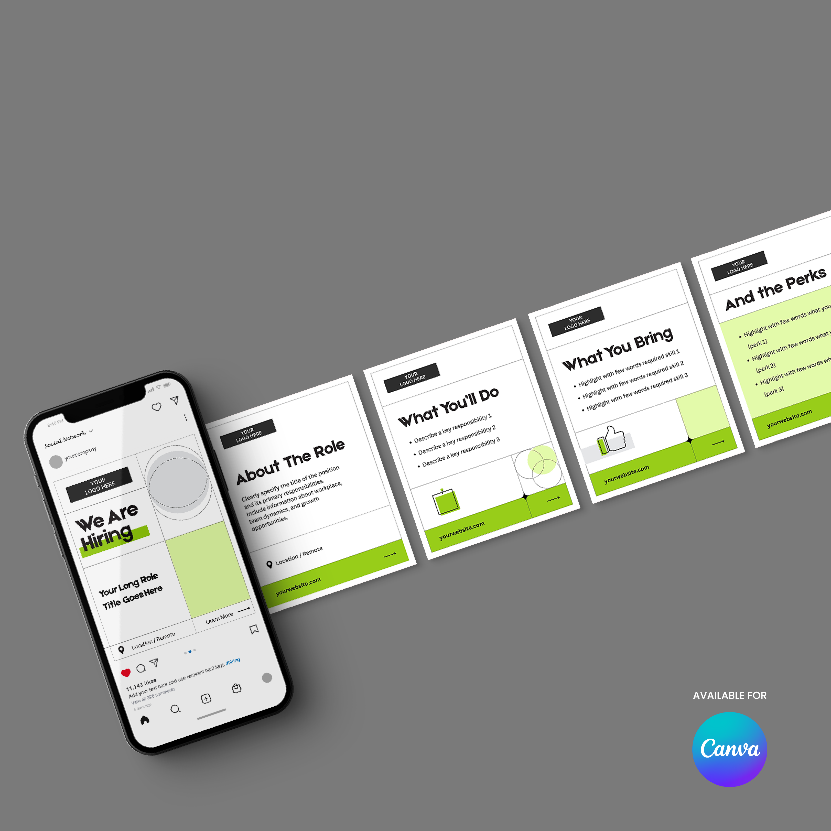 A smartphone displays a “We Are Hiring” post made with the Hiring Social Media Carousel Template for Canva – Forma 40 Collection. Four cards—About The Role, What You’ll Do, What You Bring, And the Perks—are beside it with a Canva logo at the bottom right.