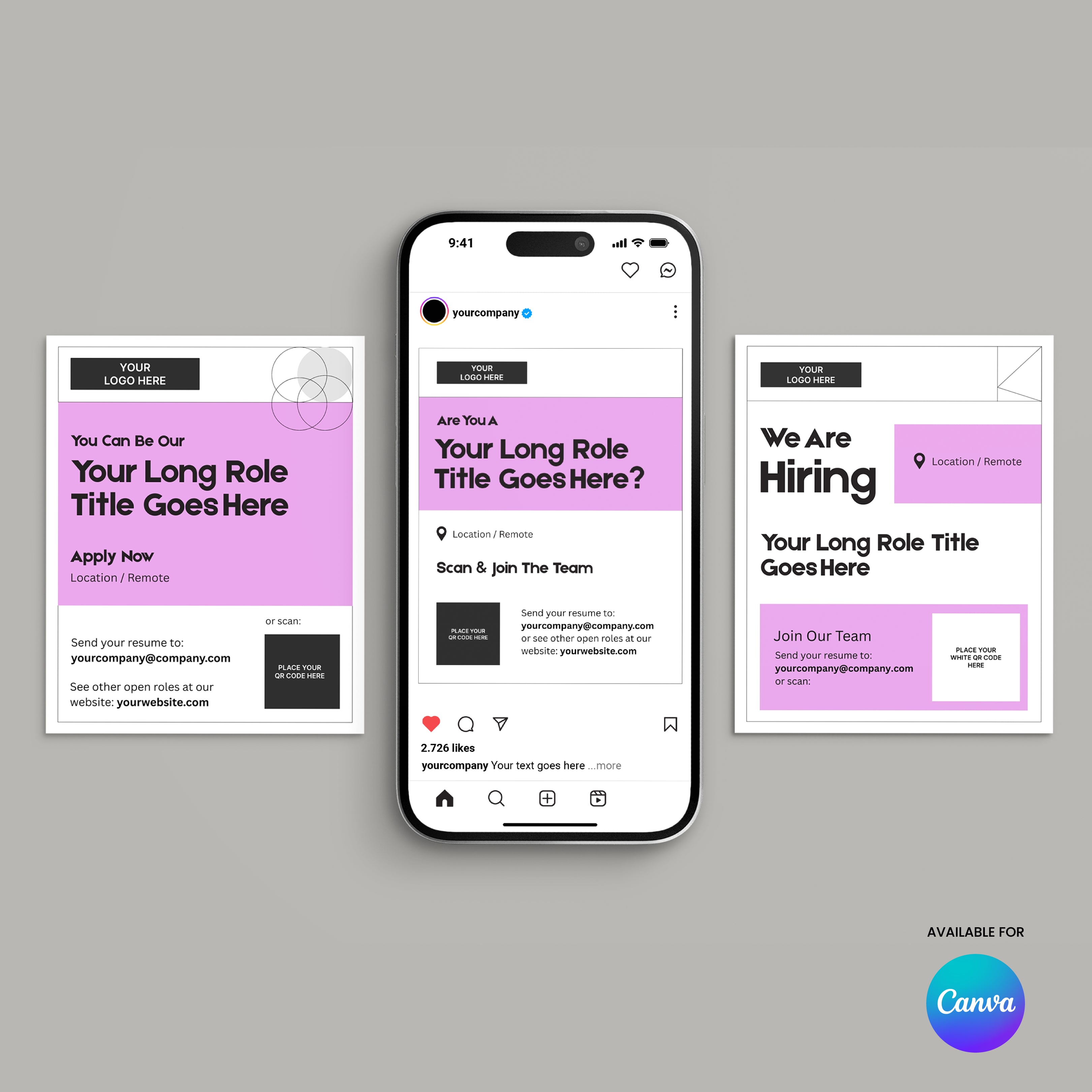 Three digital Social Media Hiring Ad Templates for Canva – Forma 20 Collection Pink Edition are shown with pink accents, each featuring the Canva logo in the bottom right and a smartphone mockup in the center displaying a sample post.