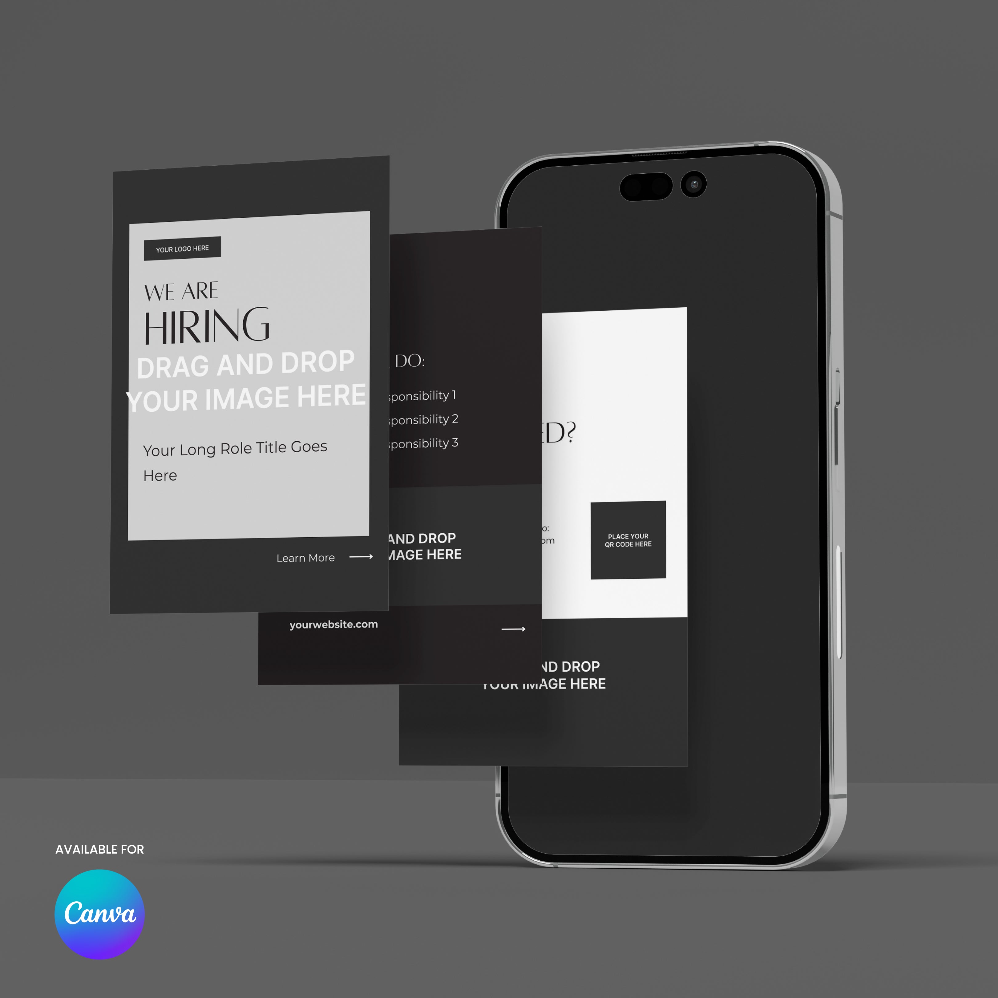 A smartphone shows three overlapping "Social Media Hiring Carousel Templates for Canva - Forma 60 Collection" as digital job ads, each with space for role title and responsibilities. The Canva logo appears in the lower left on a gray background.