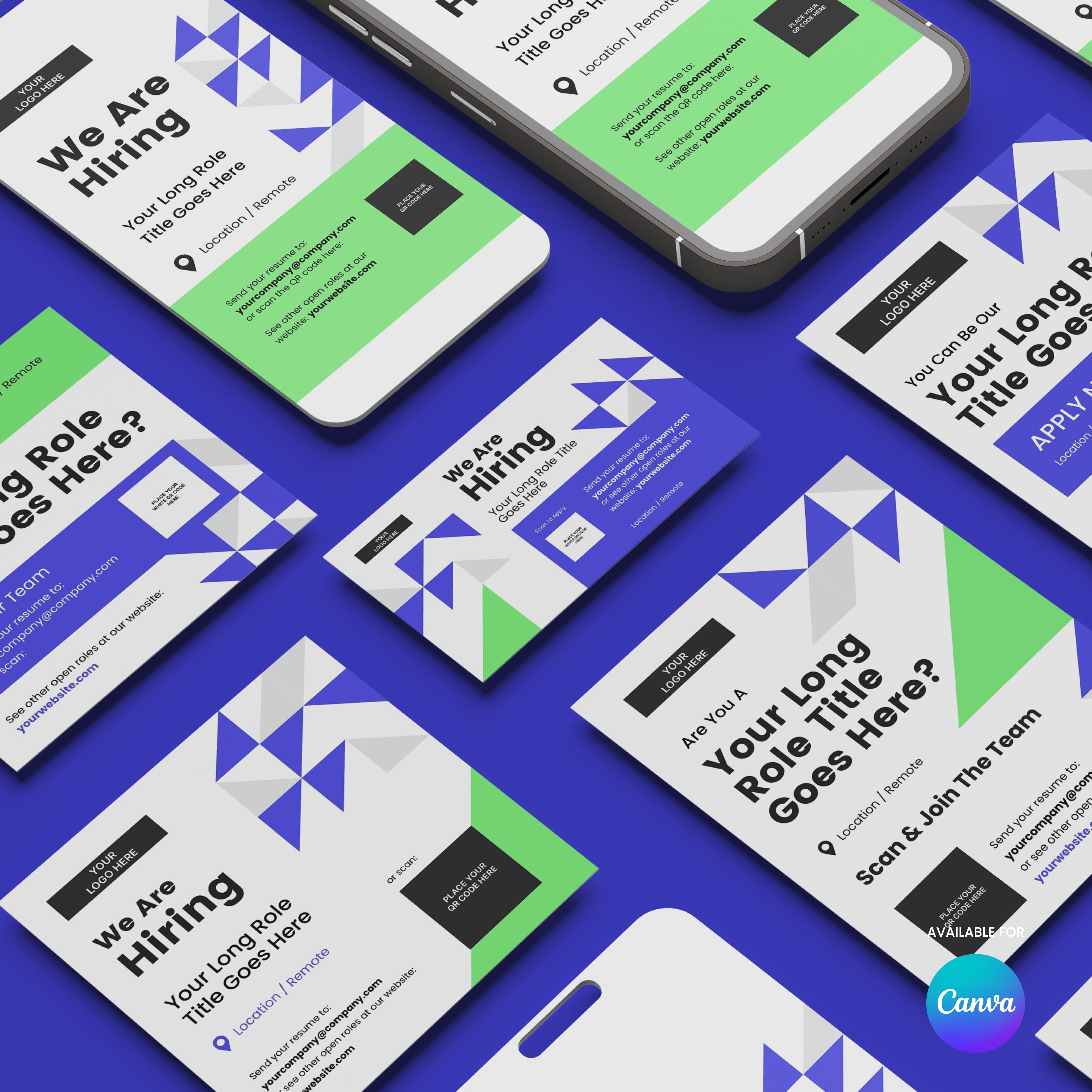 The Social Media Hiring Ad Templates for Canva - Forma 40 Collection features digital and print templates in green, purple, black, and white on a blue geometric background with job openings text. Canva logo shown bottom right.