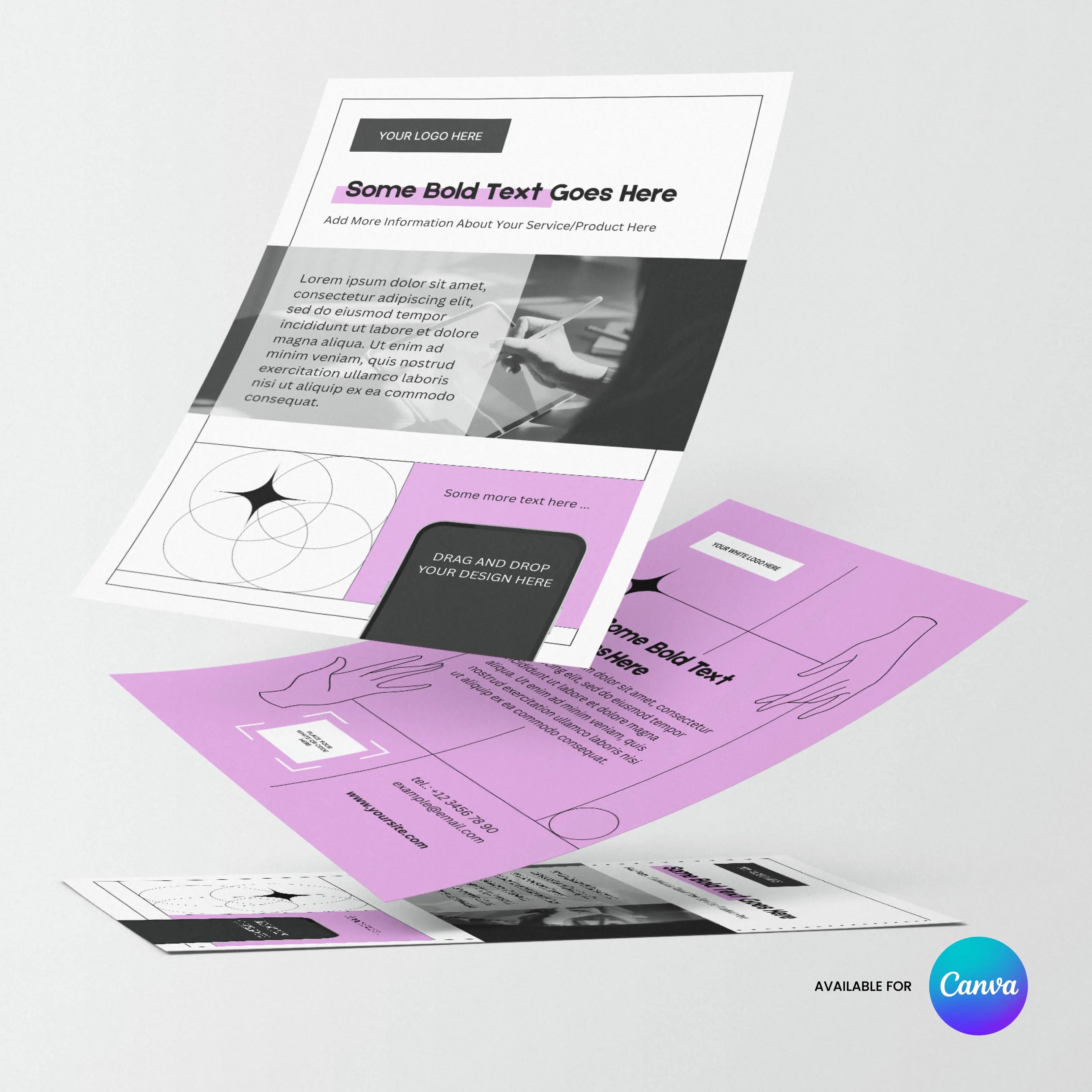 Three customizable flyer templates from the Flyer Template for Canva - Forma 20 Collection in white, purple, and black float above a surface with a Canva logo, showcasing editable print and digital promo flyers for services, offers, and product features.