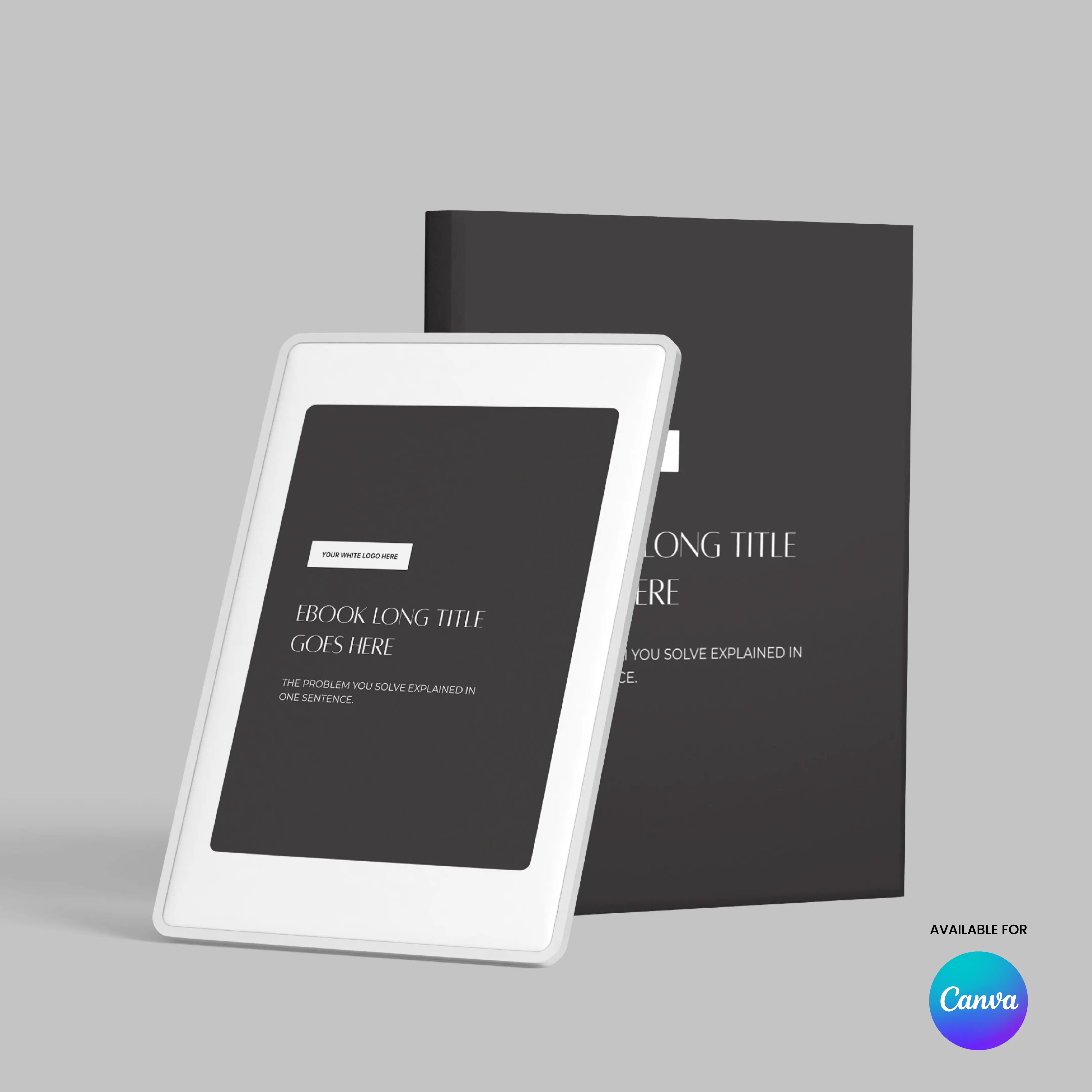 A white e-reader and a black hardcover book stand upright side by side, both showcasing the Monochrome Edition of the eBook Template for Canva – Forma 60 Collection. A circular Canva logo is visible in the lower right on a gray background.