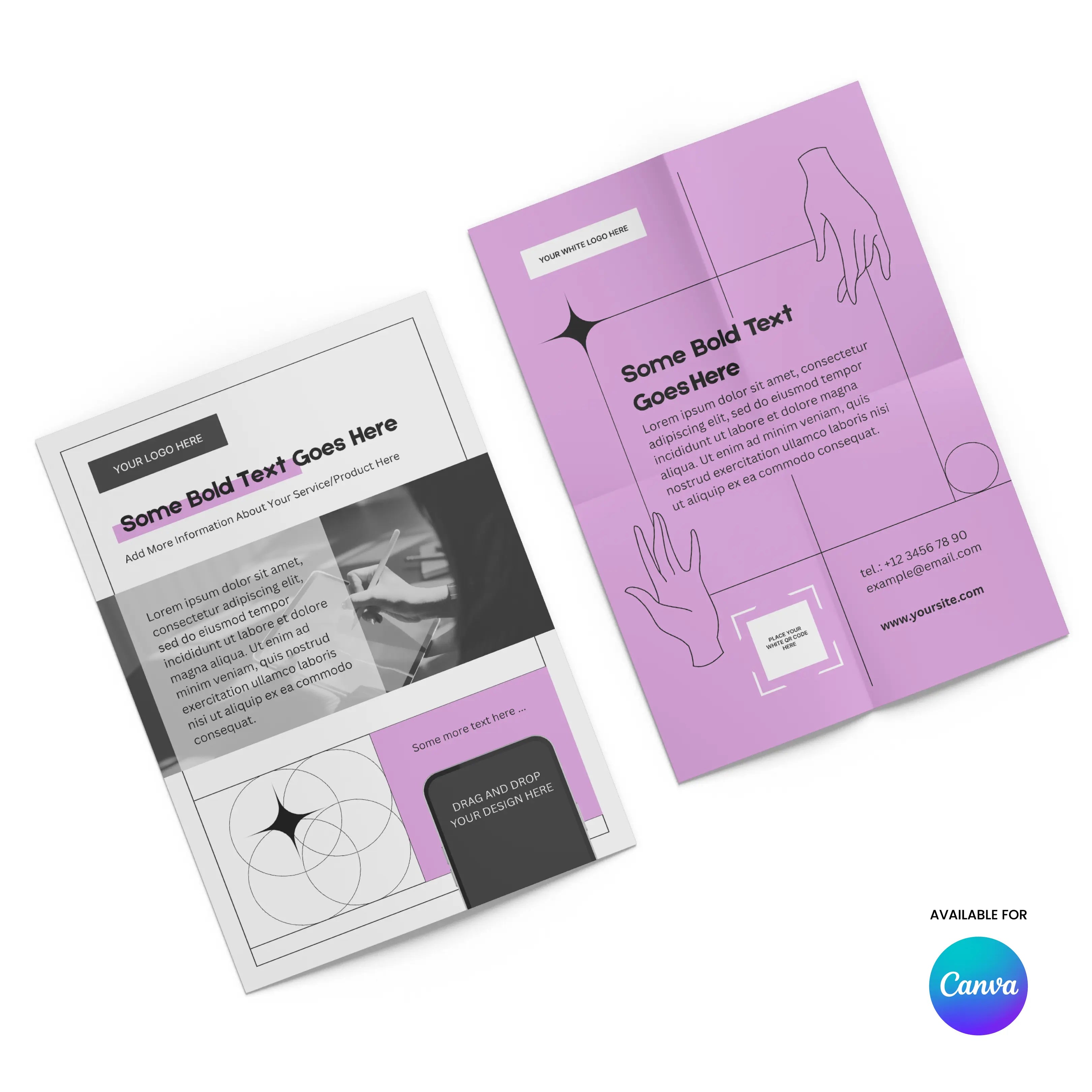 Two flyers from the Flyer Template for Canva - Forma 20 Collection are shown: one in black and white with a geometric layout, the other in light purple with abstract sketches. Both editable templates feature bold headings and modern design for print or digital promotion.