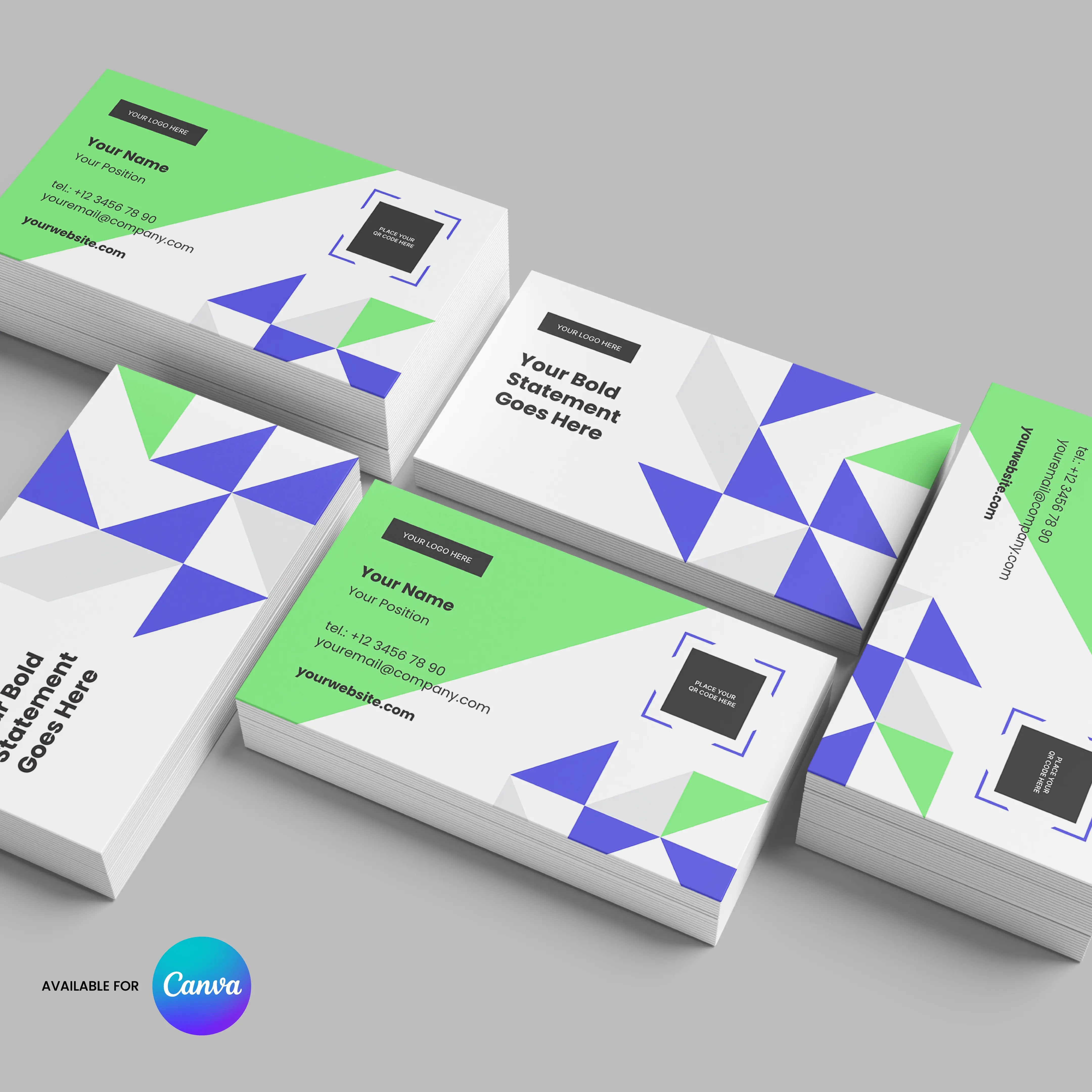 The Business Card Template for Canva | Forma 40 Collection features modern geometric designs in blue, green, and white. Cards are shown stacked and individually on a gray background with sample names and contact details. All elements are editable in Canva.