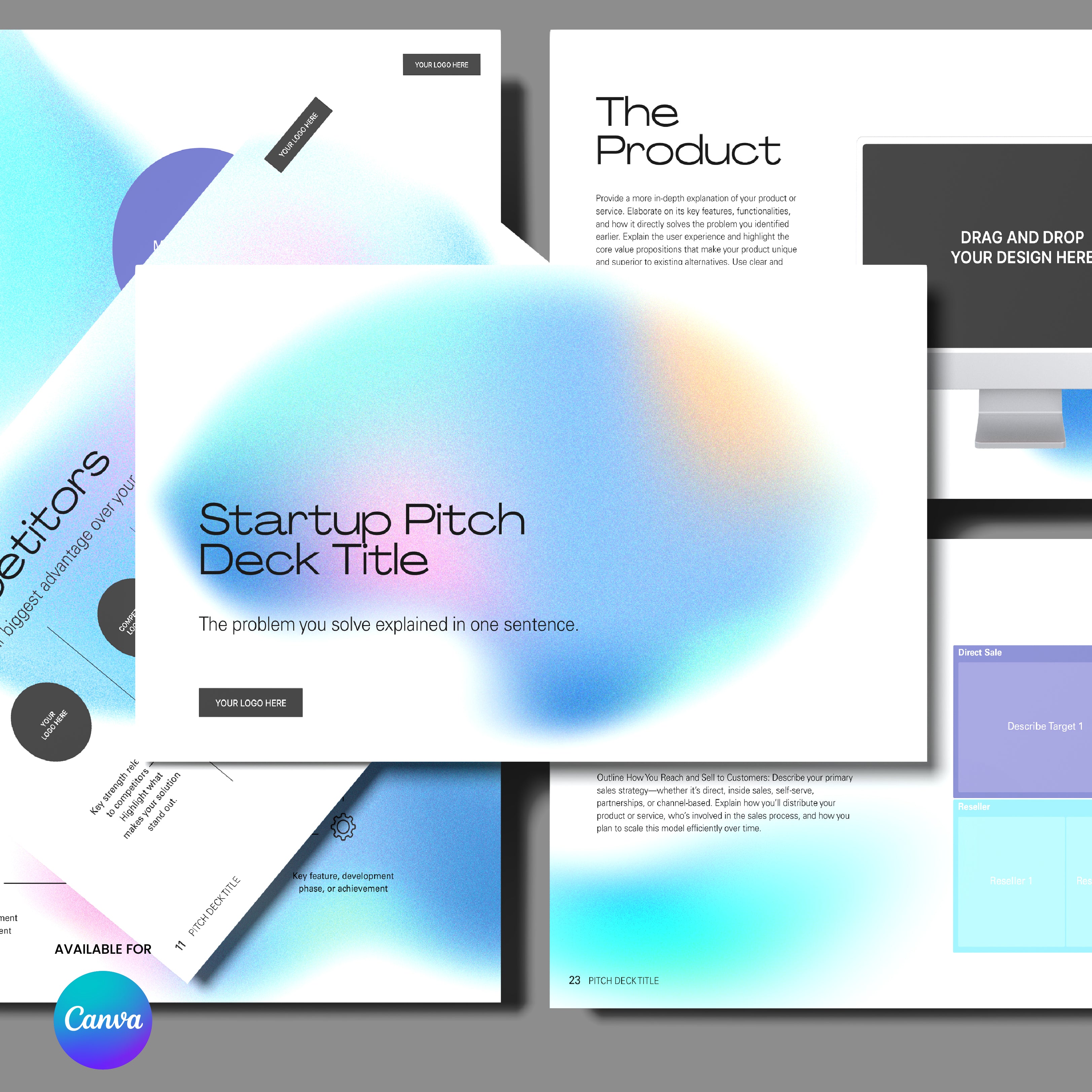The Canva Pitch Deck Template – Forma 50 Aurora Minimal Design features pages with blue, purple, and pink gradients, sections for title, product description, and design mockup, plus Canva branding in the bottom left corner.