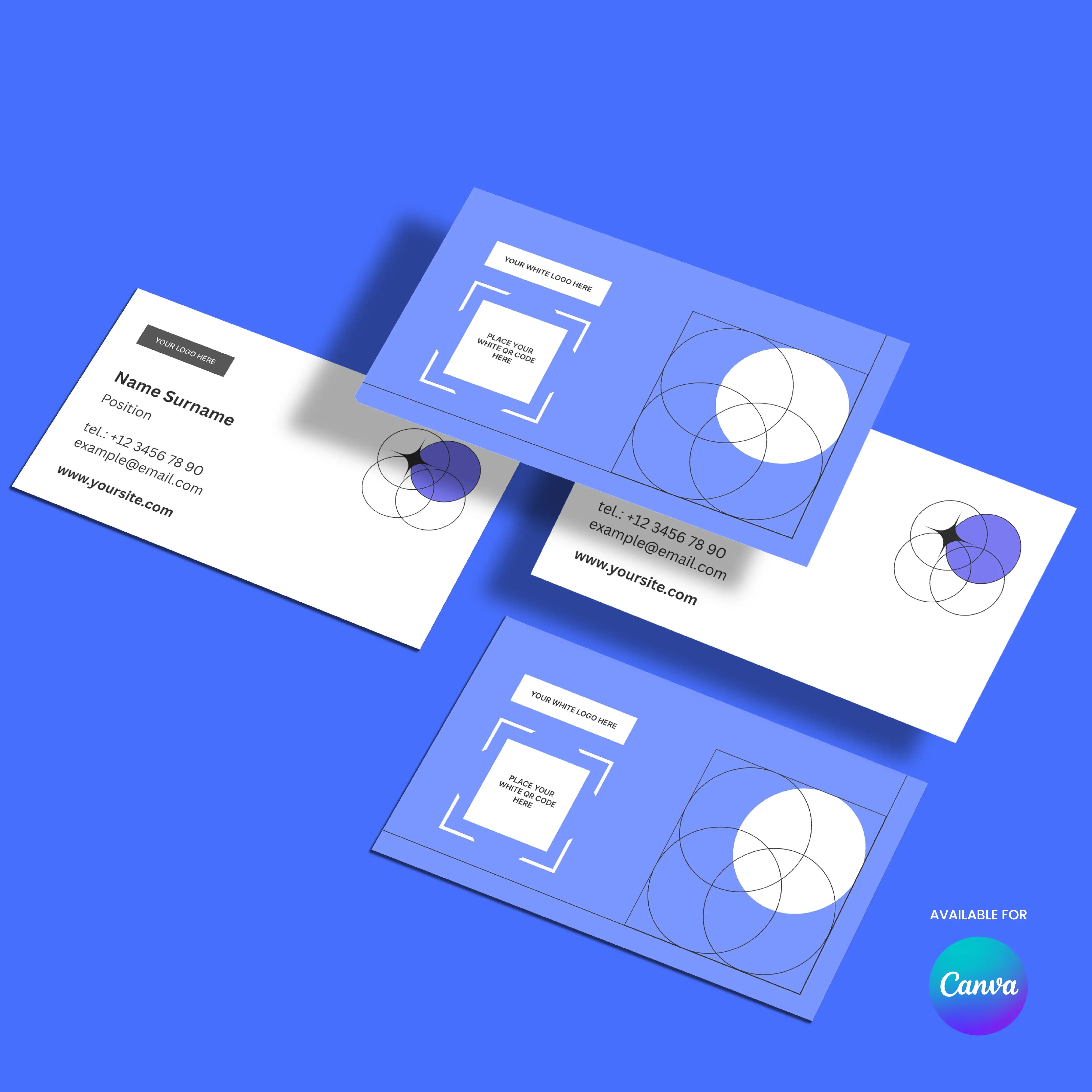 The Minimal Business Card Template | Editable in Canva, Forma 20 Style, displays four cards with a modern geometric design—white and blue colors, black text, circles, and squares—plus fields for contact info and website.