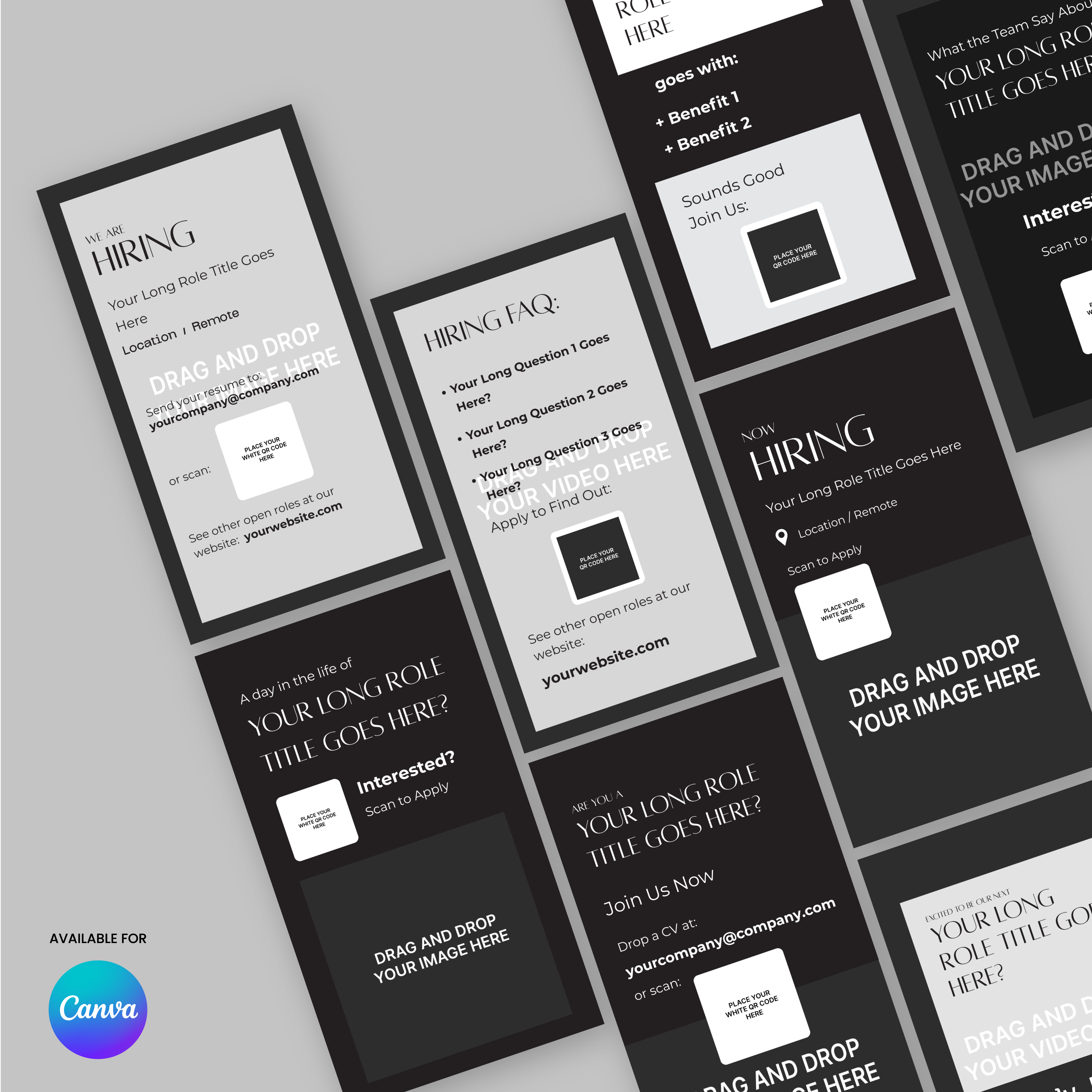 The Social Media Hiring Story Templates for Canva – Forma 60 Collection offers minimalist grayscale recruitment ad templates with placeholders for role details, benefits, and images. Features visible Canva logo—perfect for professional hiring announcements.