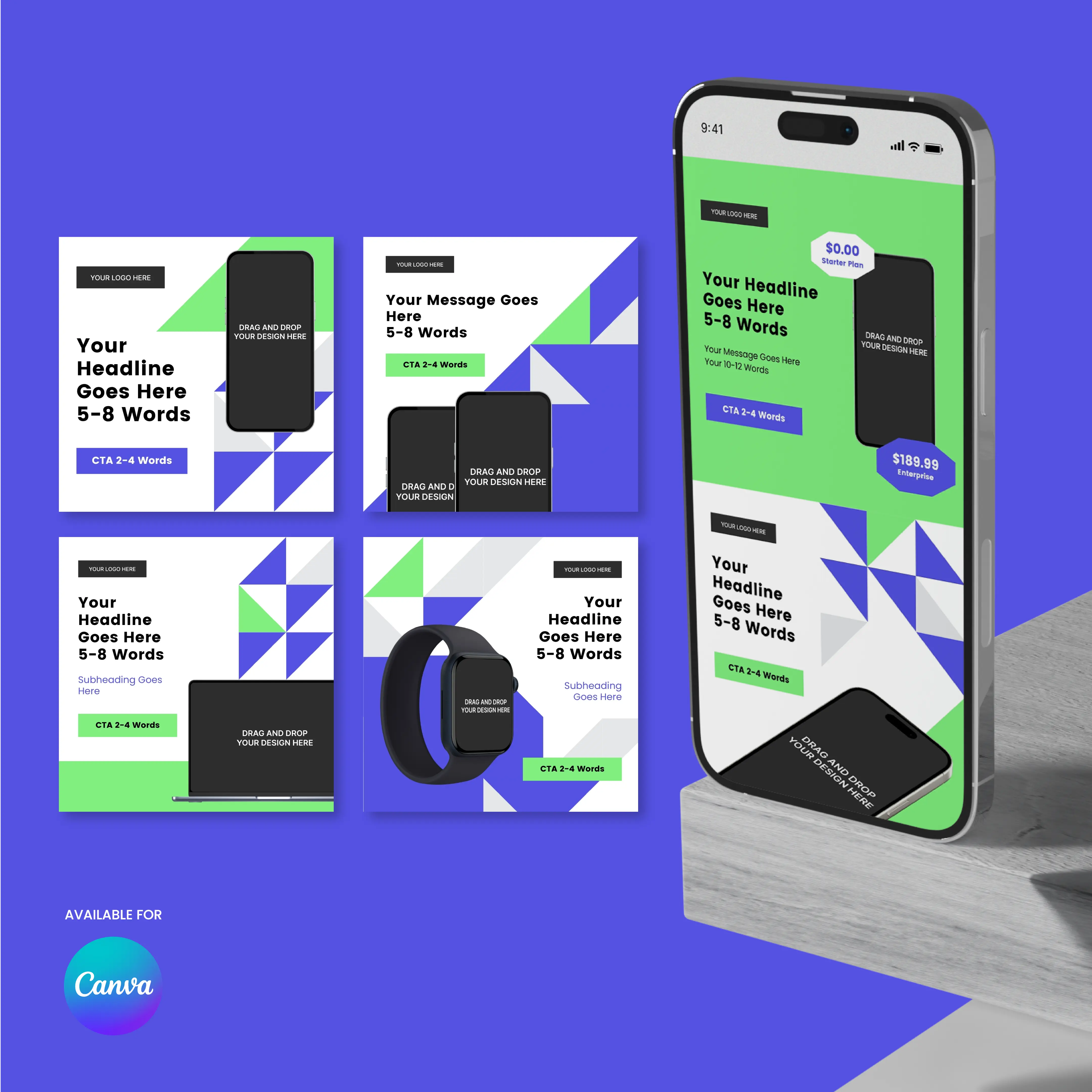 The Forma 40 Collection features five bold, geometric social media ad templates for Canva in green, blue, and white, with tech device images and rectangles for text—ideal promo slides for SaaS startups. Canva logo shown bottom left.