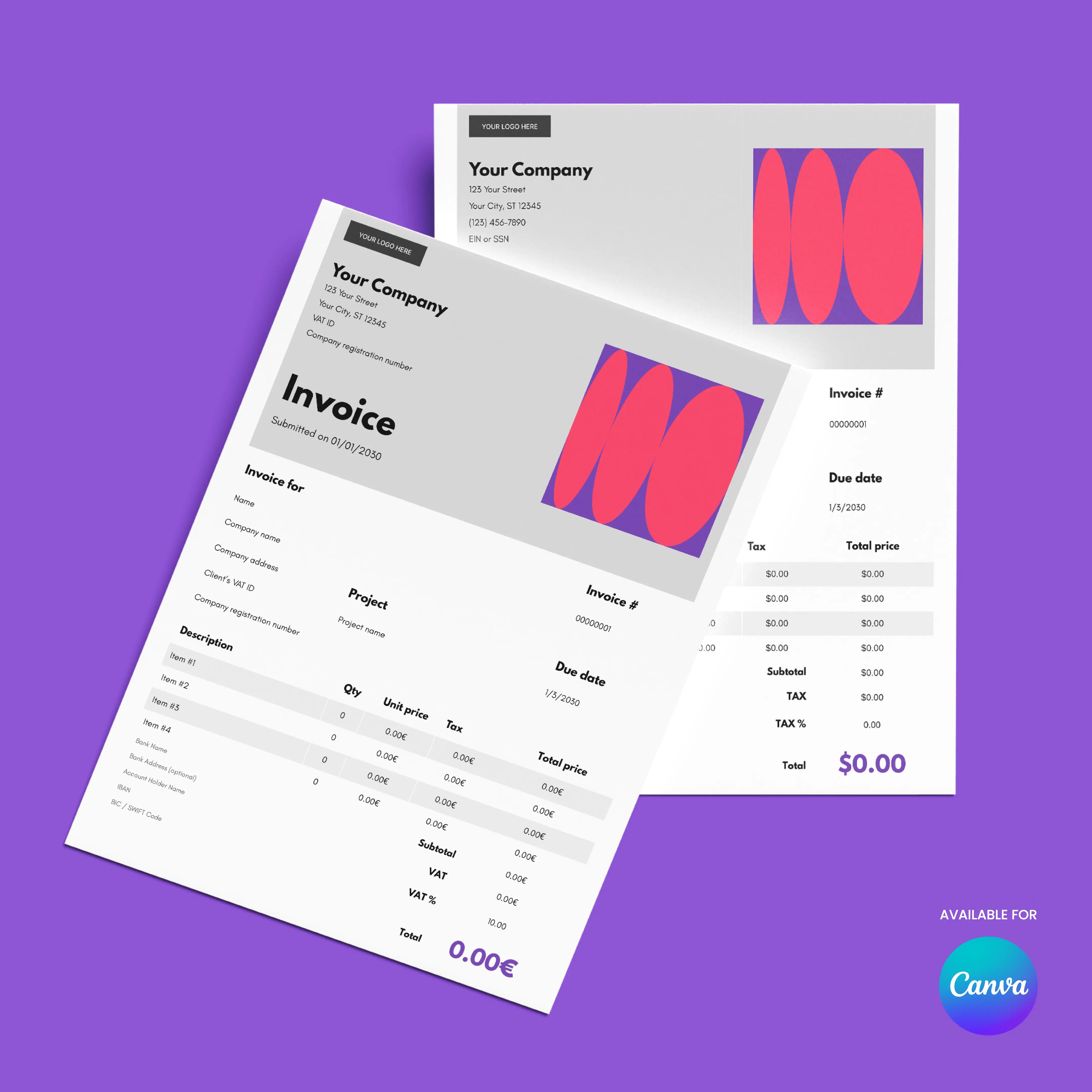 The Bold Invoice Template (EU & US Versions) by Forma 10 features two modern, editable Canva invoices with abstract red and purple shapes, company details, itemized lists, a $0.00 total, and a purple background with the Canva logo in the corner.