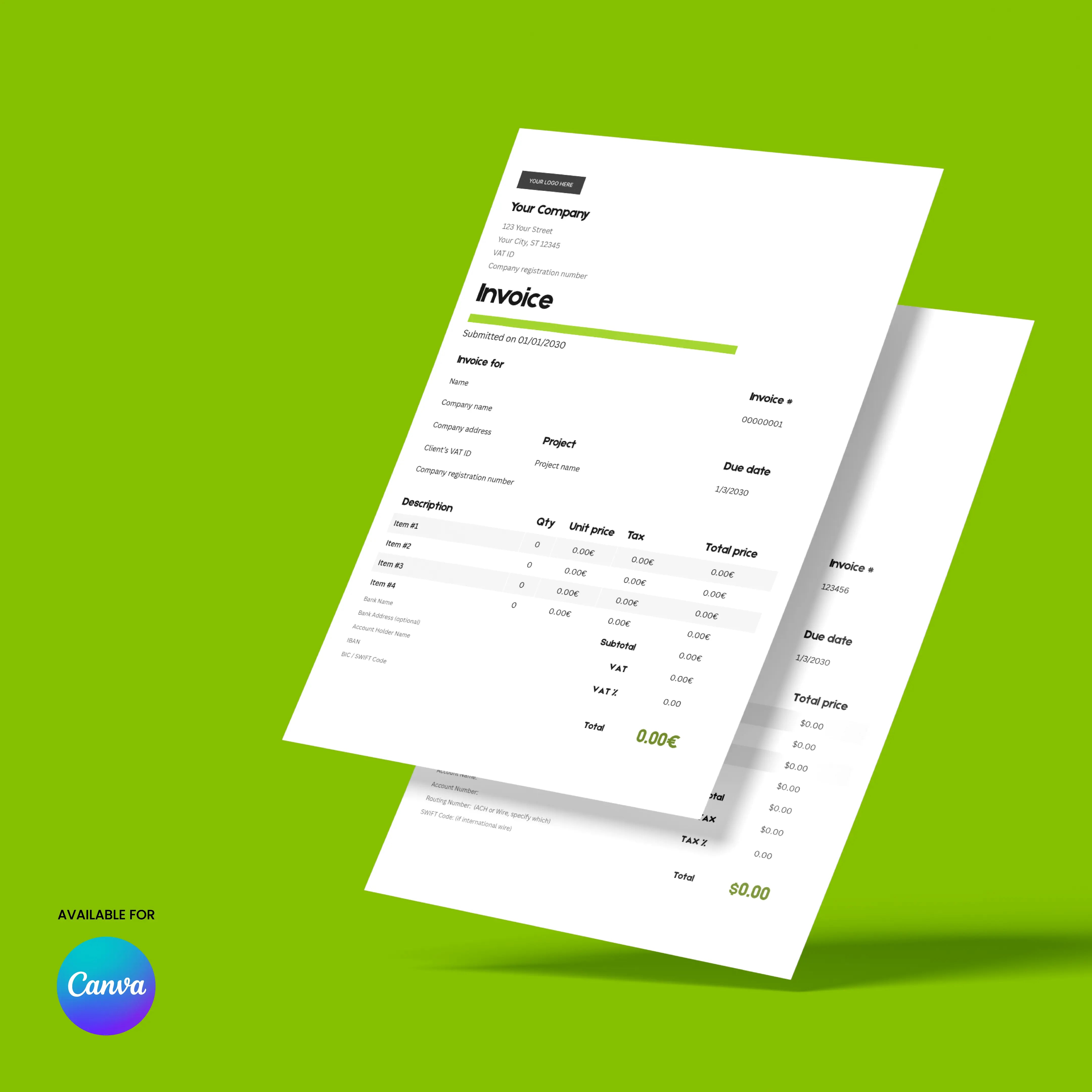 The Modern Green Invoice Template (US & EU Format) | Canva Editable, Forma 20 features two minimalist invoices with black text on white paper floating over a bright green background; an editable invoice logo sits in the bottom-left corner.
