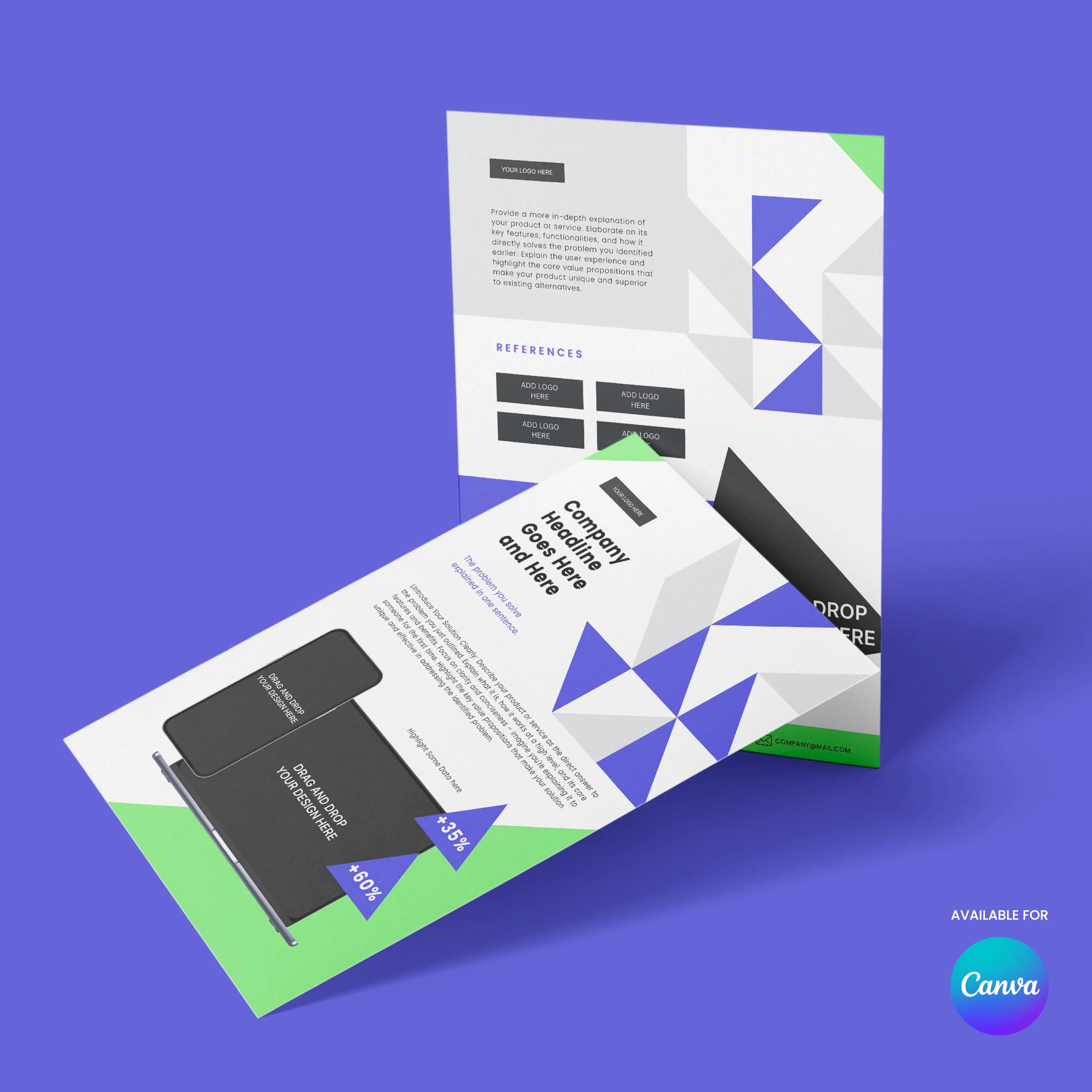 The One-Pager Template for Canva from the Forma 40 Collection features geometric green, blue, and purple business flyer designs with charts, text, and a black tablet image—ideal for startups and SaaS. “Available for Canva” badge shown bottom right.