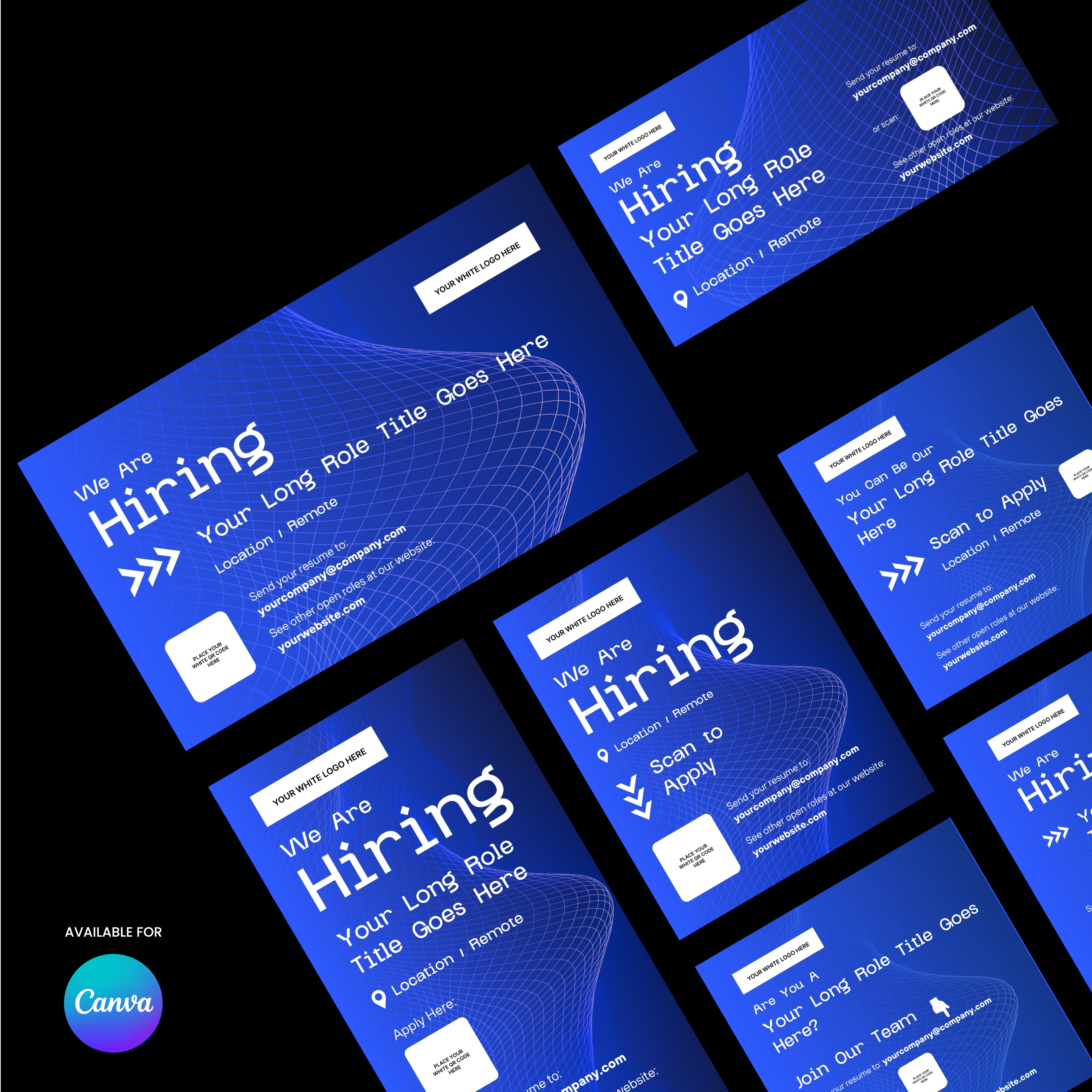 The Social Media Hiring Ad Templates for Canva – Forma 30 Collection features blue digital grid wave designs, editable “We Are Hiring” text, fields for job, location, company, a “Scan to Apply” QR code, and a Canva logo.