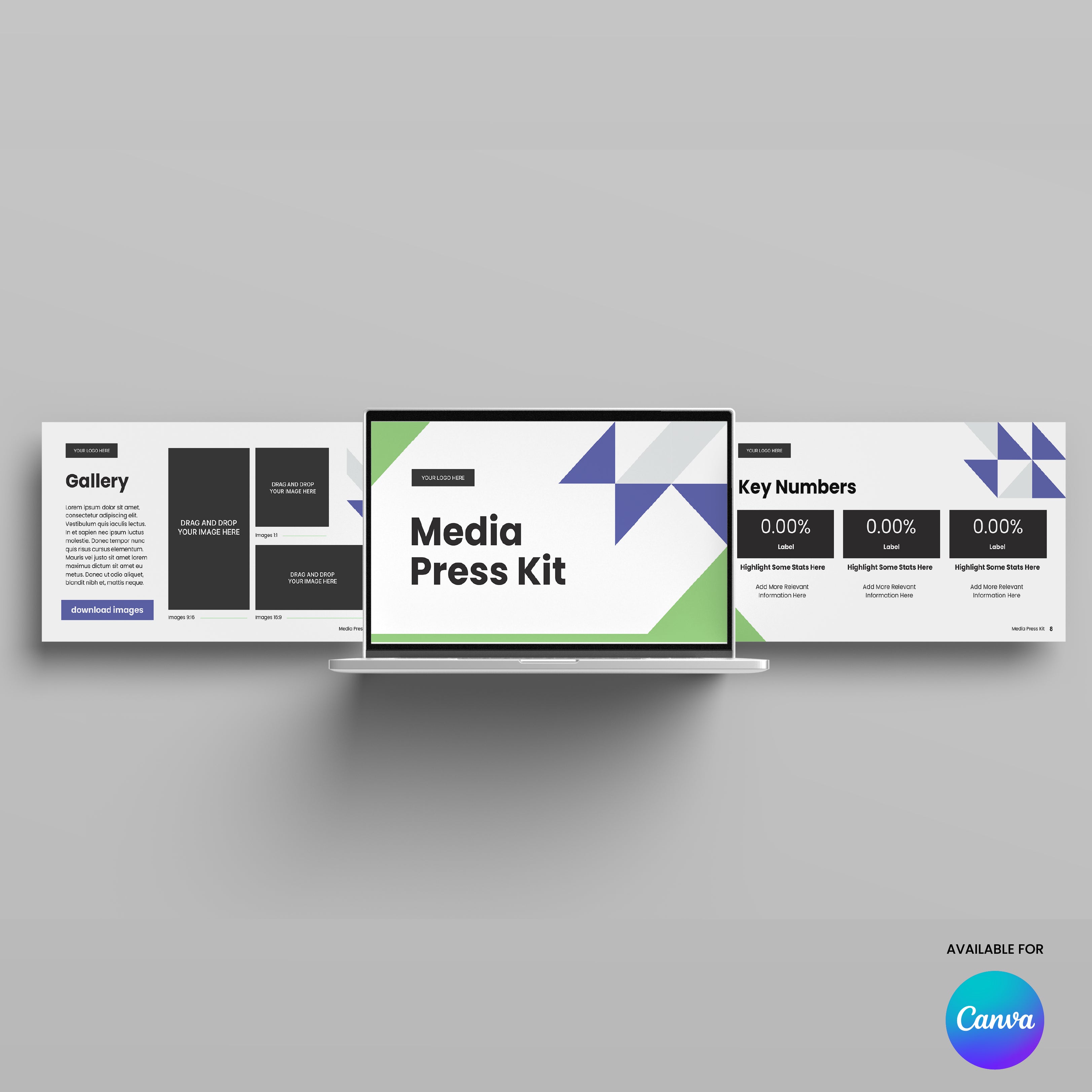 The Media Press Kit Template for Canva - Forma 40 Collection shows slides titled Gallery and Key Numbers with geometric green and purple designs. The Canva logo is at the bottom right, making it ideal for creating your brand media kit.