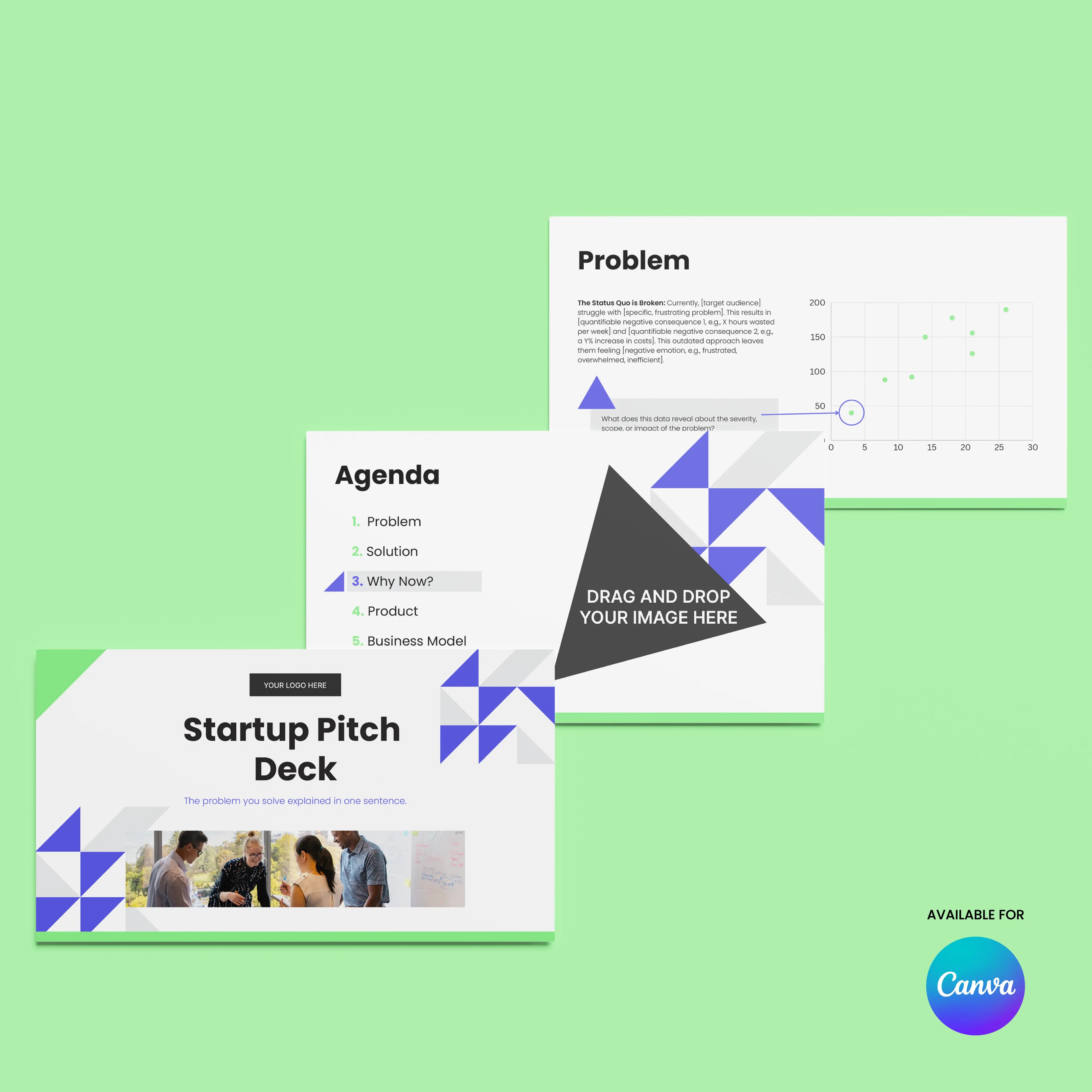 The Startup Pitch Deck Template – Forma 40 Edition | Clean, Editable Canva Presentation includes a cover with sample images, an agenda slide with four bullets, and a problem slide with a graph. Canva logo appears bottom right.