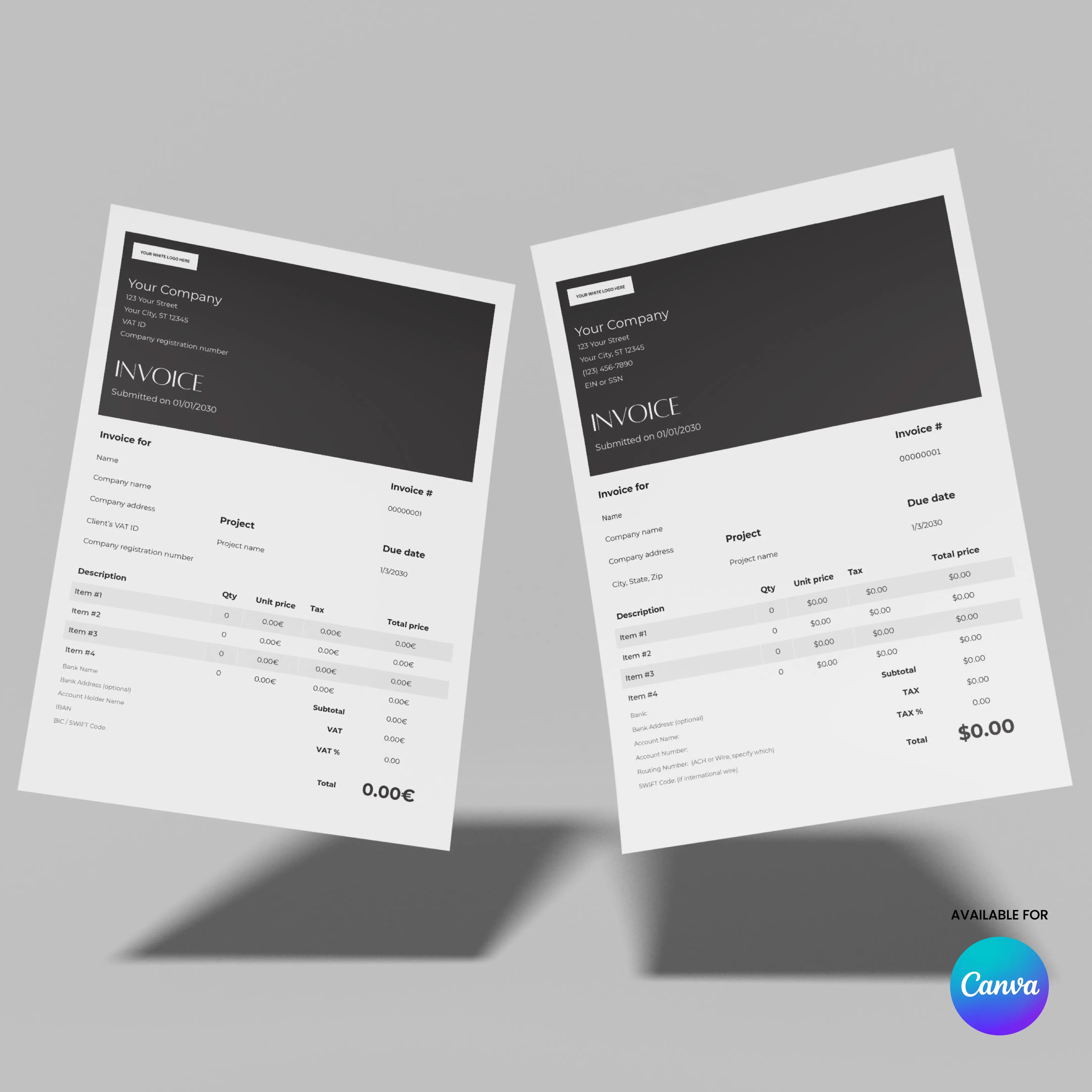 Two minimalist invoices from the Invoice Canva Template - Forma 60 Collection US EU Formats are shown on a gray background, each with dark headers, item details, and totals. "Available for Canva" appears in the lower right corner.