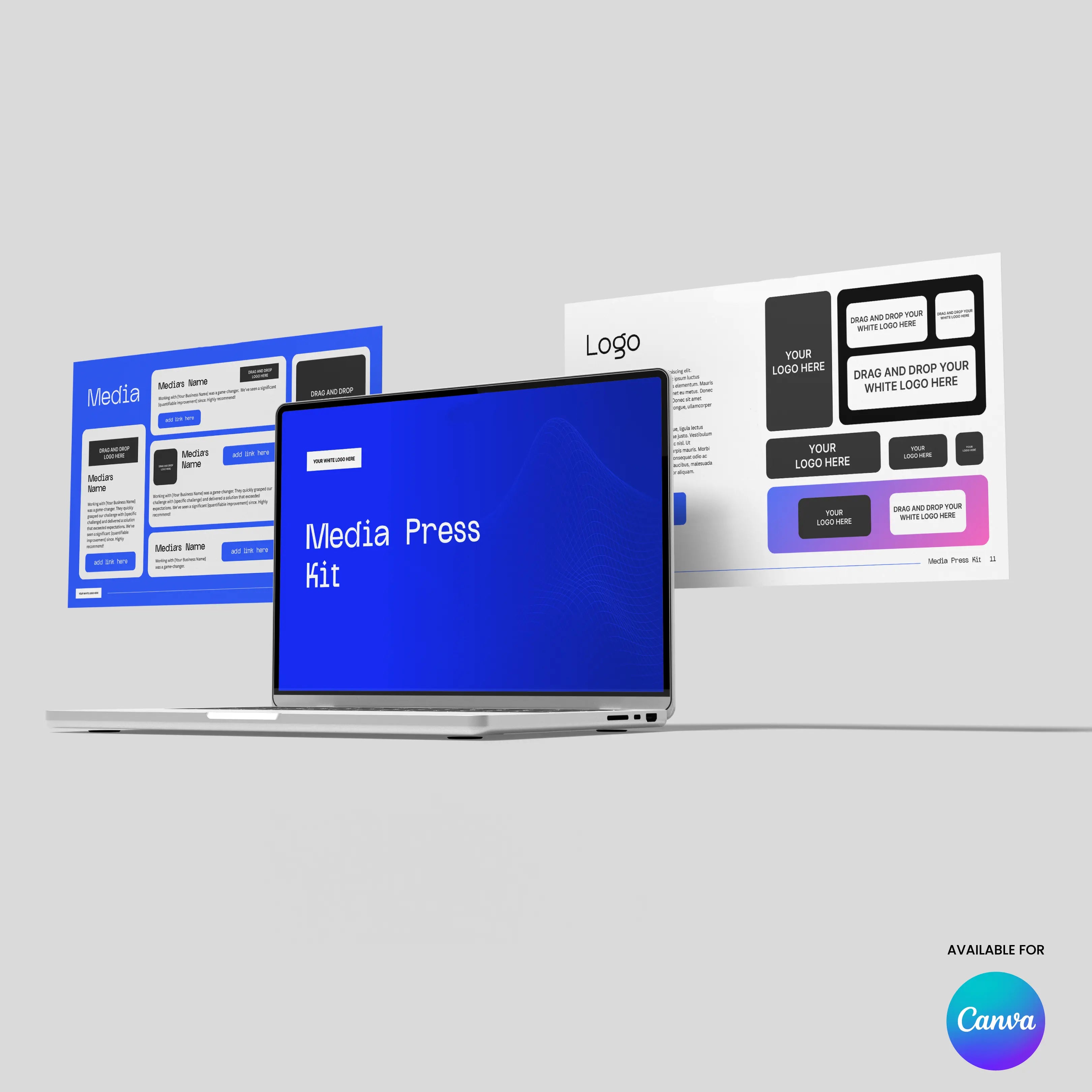 A laptop shows a blue screen with "Media Press Kit" and two floating templates. The Canva logo and "Available for Canva" appear, showcasing the editable Media Press Kit Template for Canva - Forma 30 Collection.