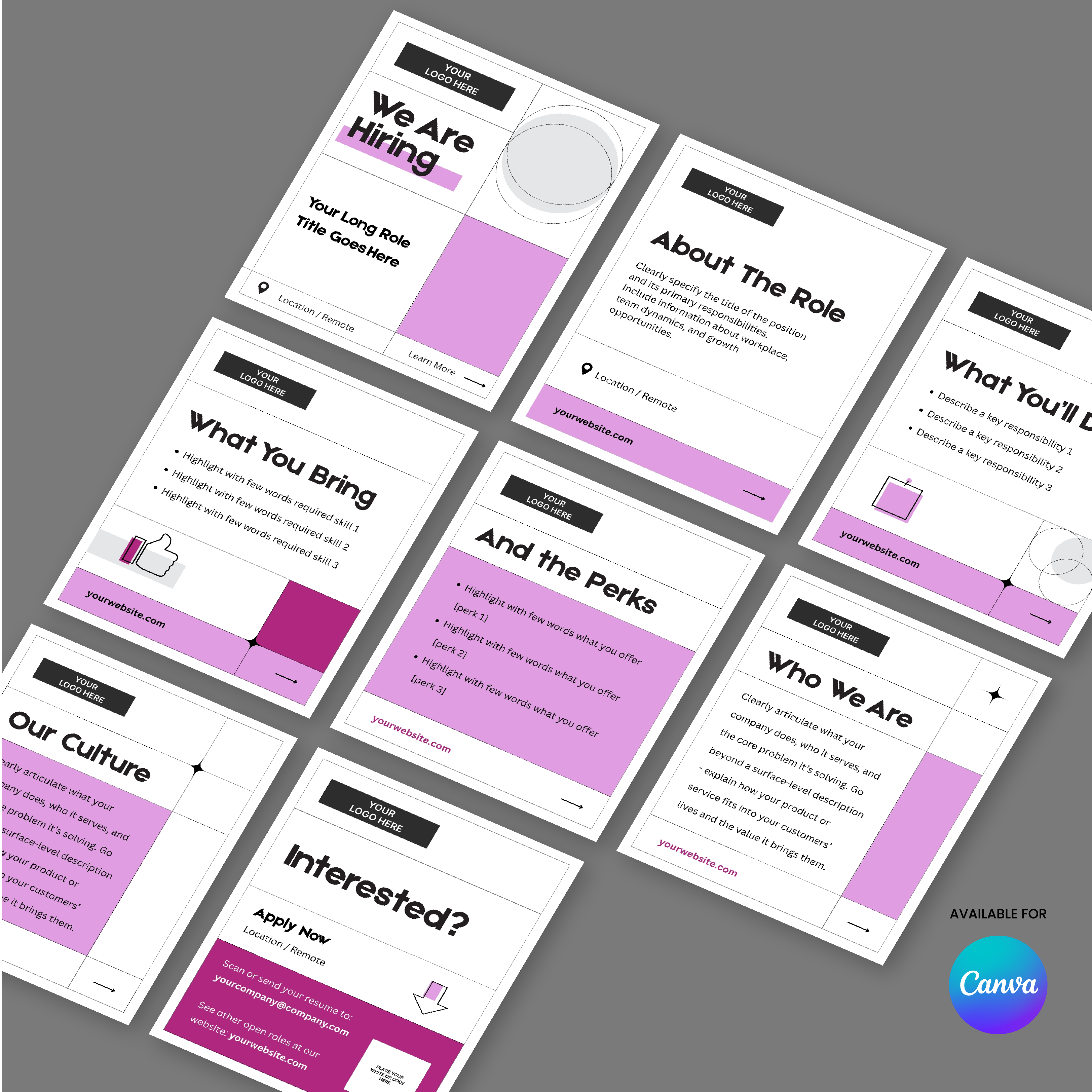 An overhead view of eight recruitment-themed Social Media Hiring Carousel Templates for Canva from the Forma 20 Collection Pink Edition, featuring purple, pink, black, and white blocks highlighting job details, requirements, perks, culture, and how to apply.