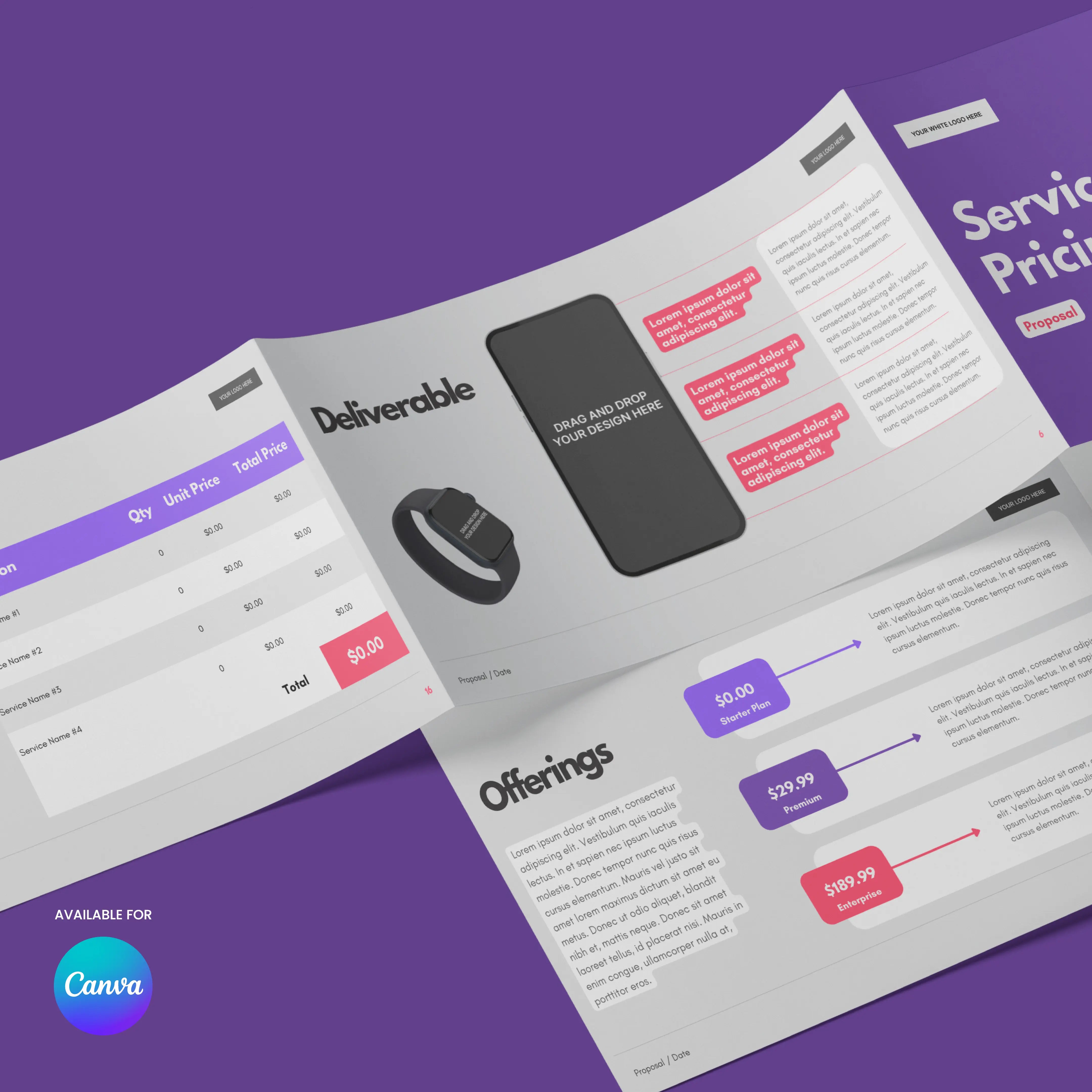 A set of three overlapping Service Proposal & Pricing Presentation sheets from the Forma 10 Collection on a purple surface with tables, text boxes, pricing details, and phone graphic. Available for Canva shown in a blue circle below.