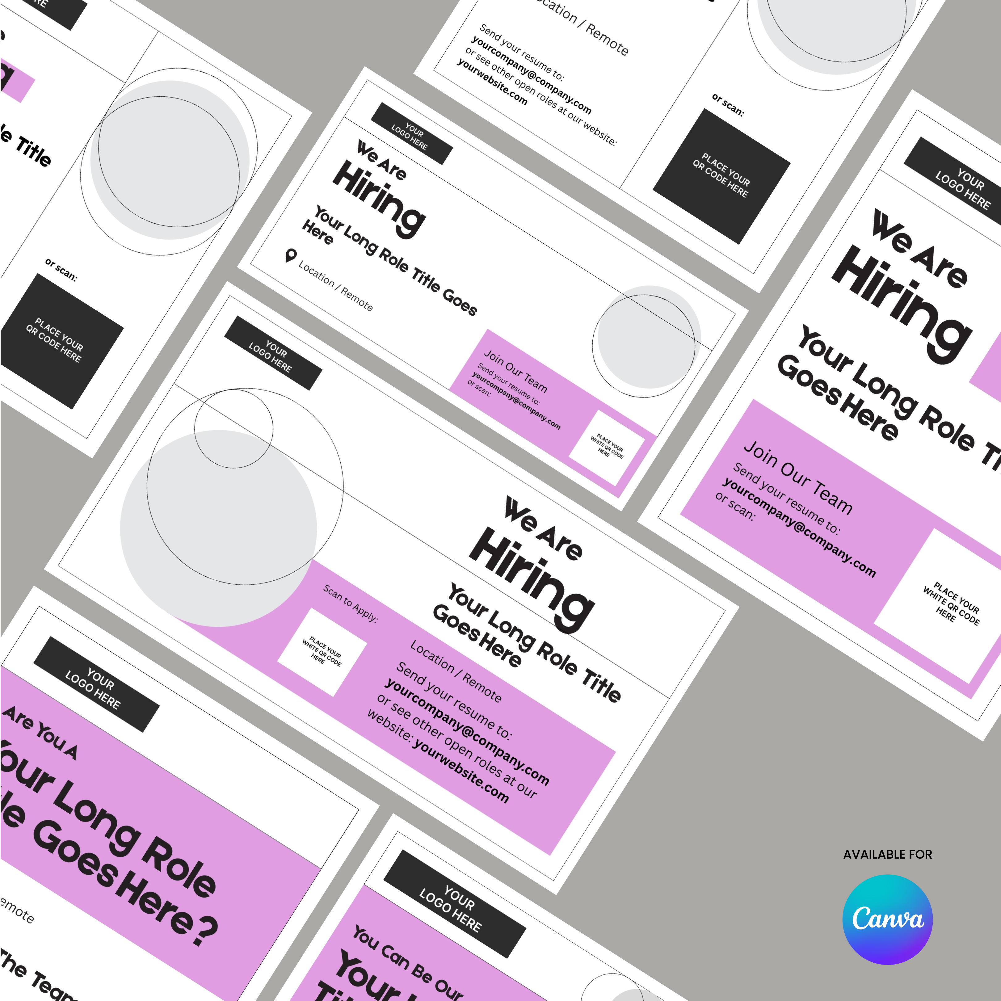 A flat lay of multiple Social Media Hiring Ad Templates for Canva – Forma 20 Collection Pink Edition featuring "We Are Hiring" text, editable job details, a minimalist pink-toned design, and the Canva logo in the corner.