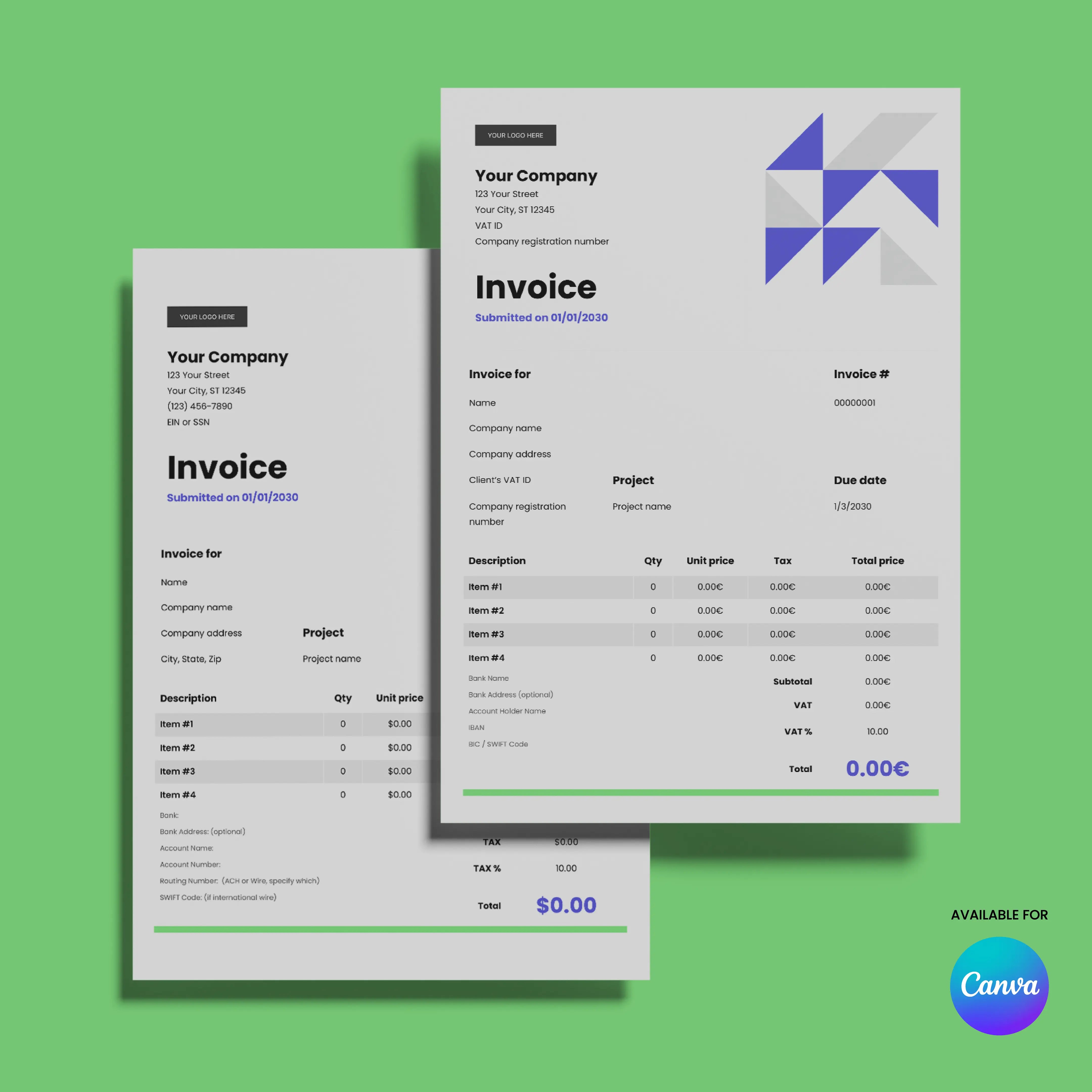 Showcasing the Invoice Template - Forma 40 Edition, an editable Canva template (US & EU format) with a blue-gray geometric logo, itemized lists, company details, and prices on a green background. Canva logo in the bottom right.